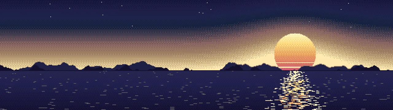 Navy Pixel Art Sunset dual monitor wallpaper, 7680 × 2160