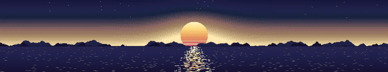 Navy Pixel Art Sunset triple monitor wallpaper, 7680 × 1440