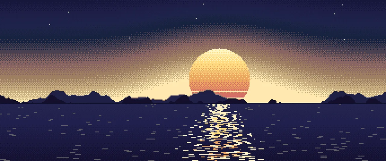 Navy Pixel Art Sunset ultrawide wallpaper, 3440 × 1440