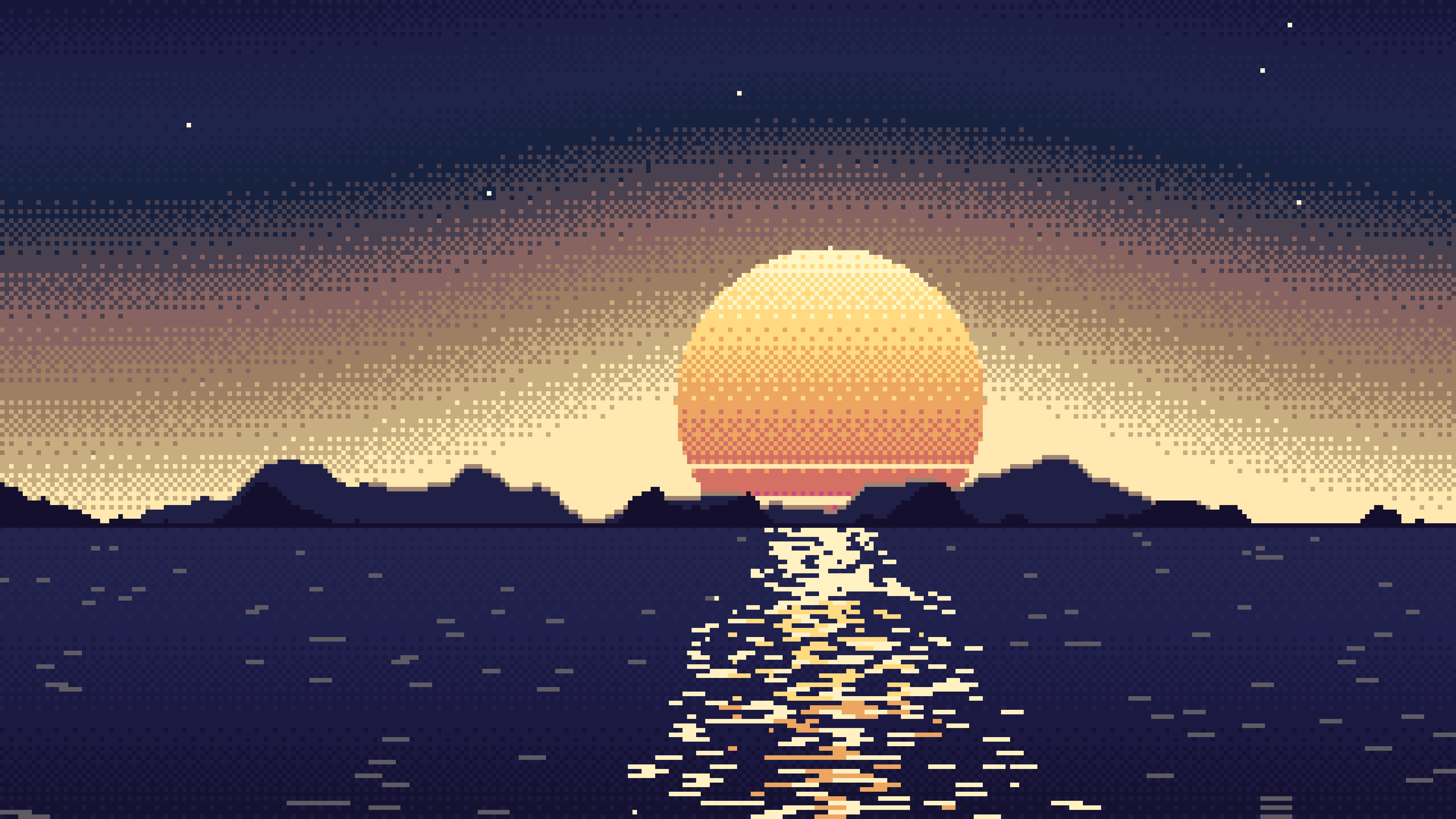 Navy Pixel Art Sunset desktop wallpaper in 4K