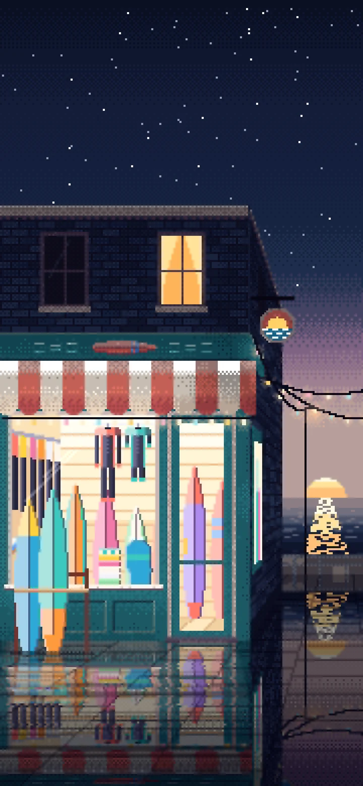 Navy Pixel Art Surf Shop wallpaper for iPhone and Android