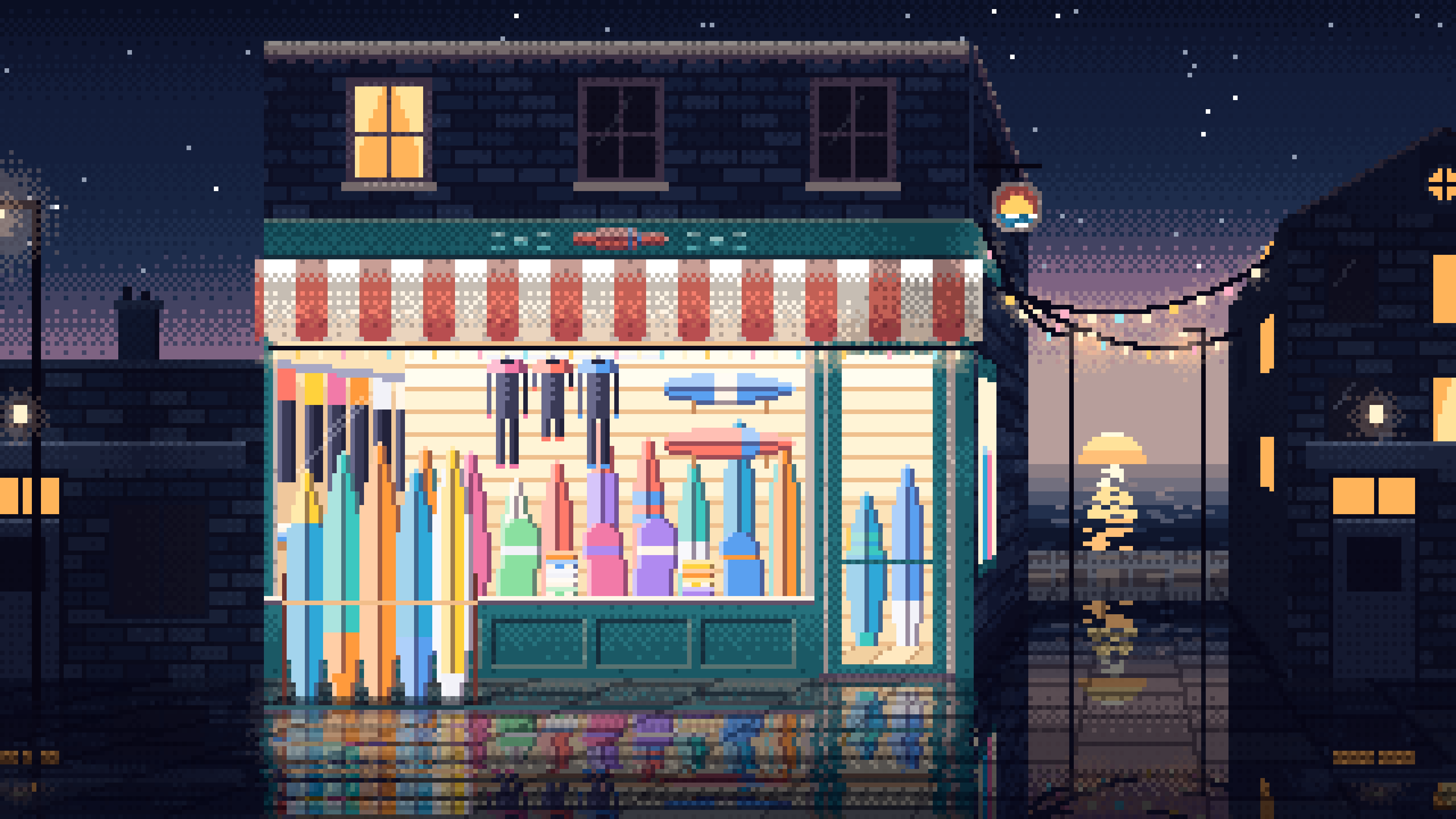 Navy Pixel Art Surf Shop desktop wallpaper in 4K