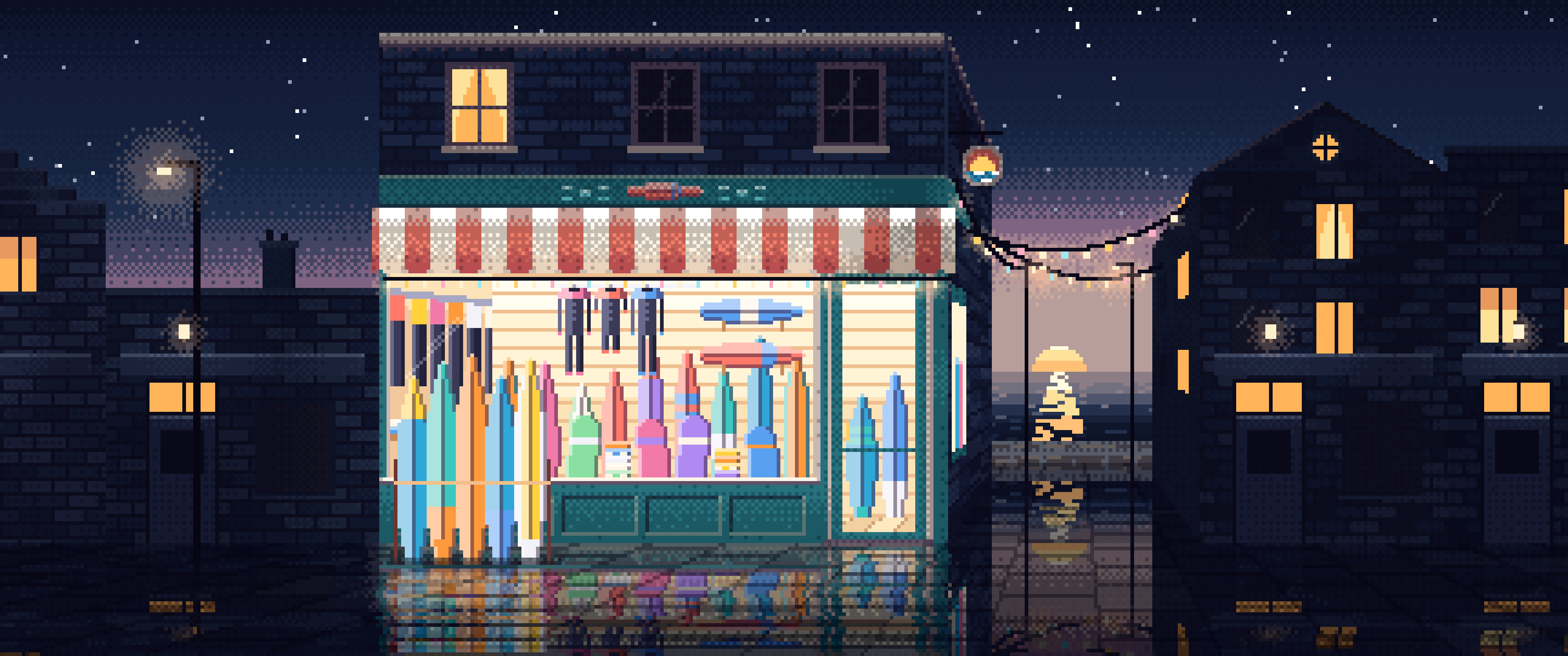 Navy Pixel Art Surf Shop ultrawide wallpaper, 3440 × 1440