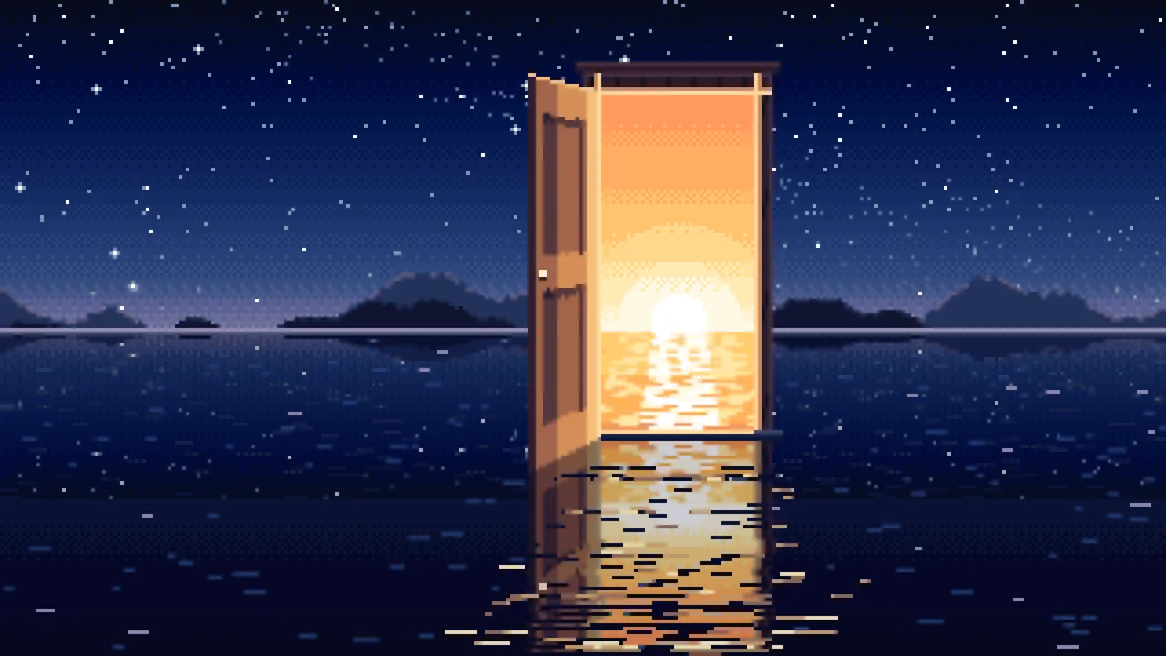 Navy Pixel Art Surreal Door on a Lake at Night desktop wallpaper in 4K