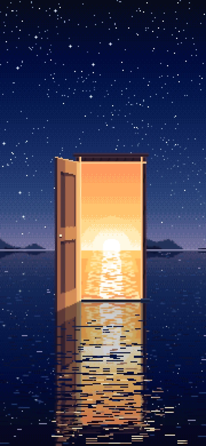 Navy Pixel Art Surreal Door on a Lake at Night wallpaper for iPhone and Android
