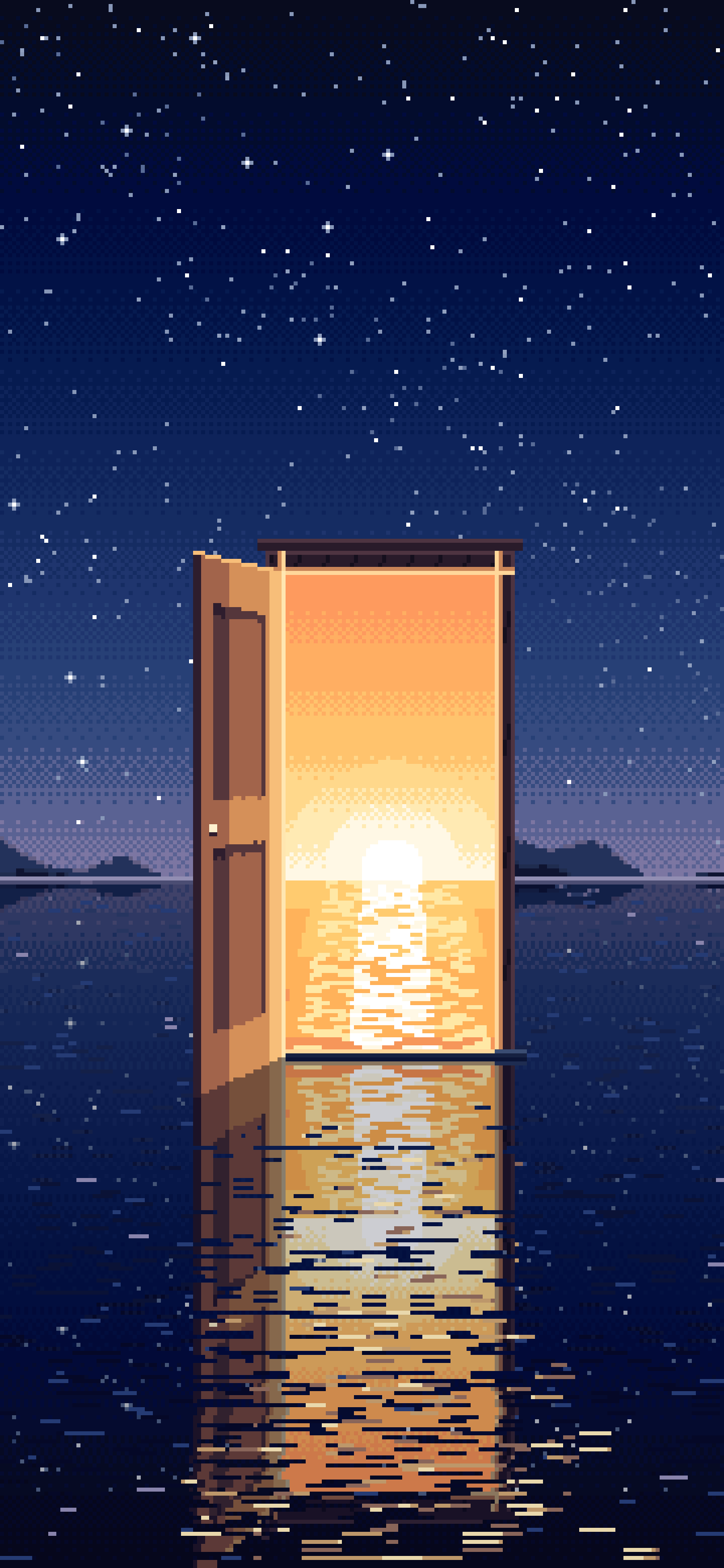 Navy Pixel Art Surreal Door on a Lake at Night wallpaper for iPhone and Android