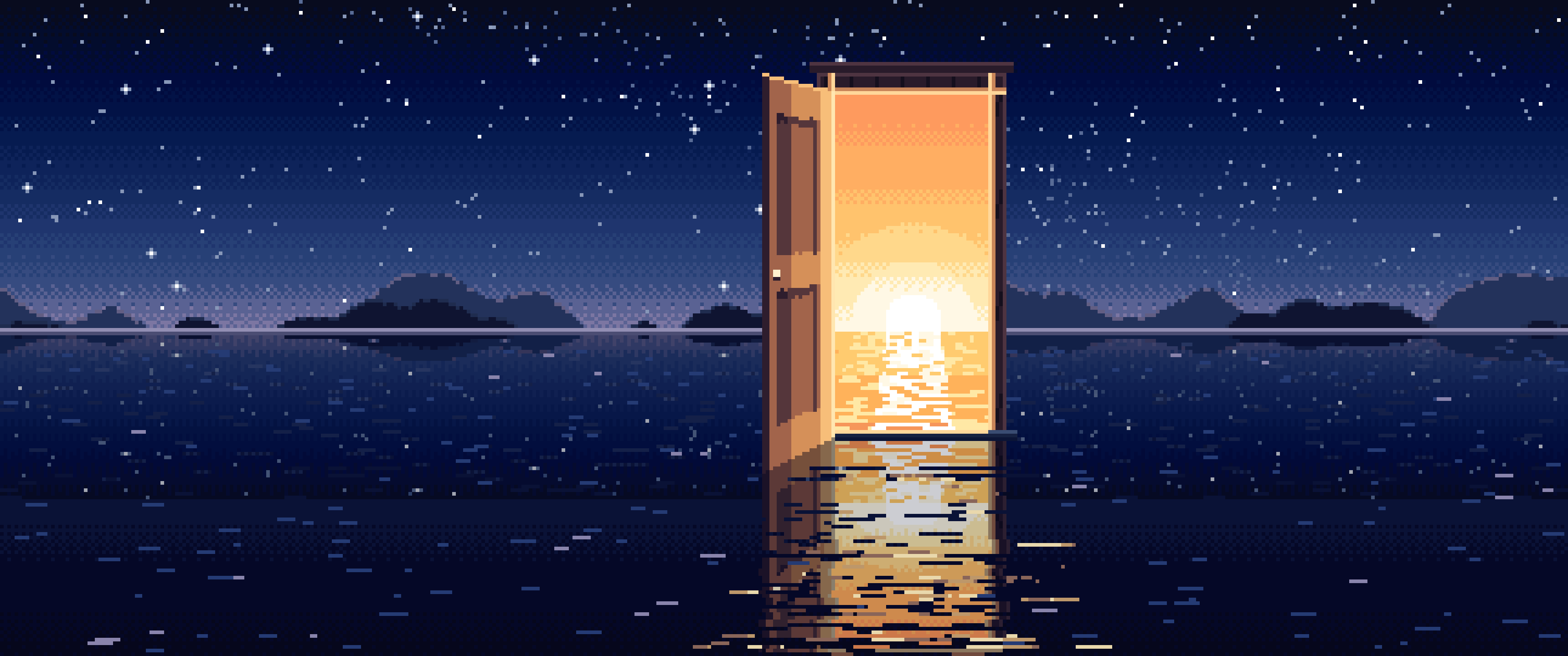 Navy Pixel Art Surreal Door on a Lake at Night ultrawide wallpaper, 3440 × 1440