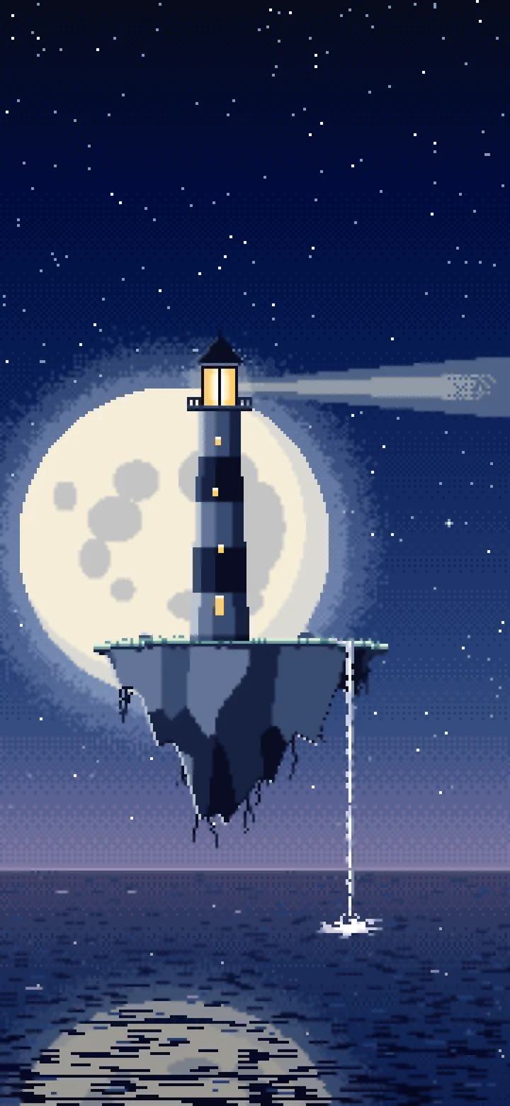 Navy Pixel Art Surreal Lighthouse on a Floating Island wallpaper for iPhone and Android