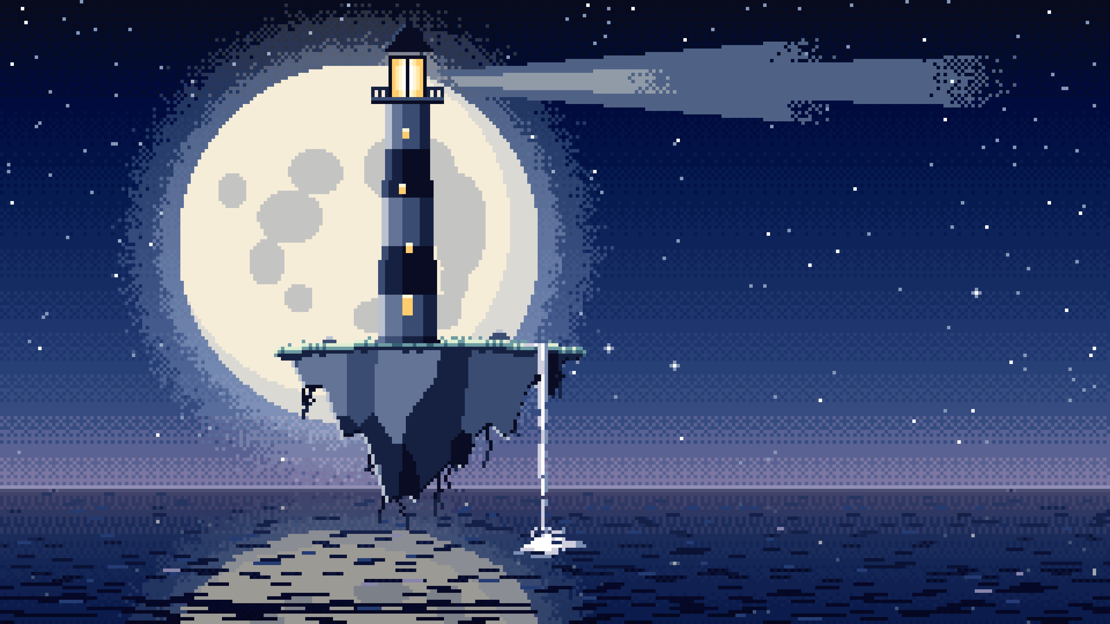 Navy Pixel Art Surreal Lighthouse on a Floating Island desktop wallpaper in 4K