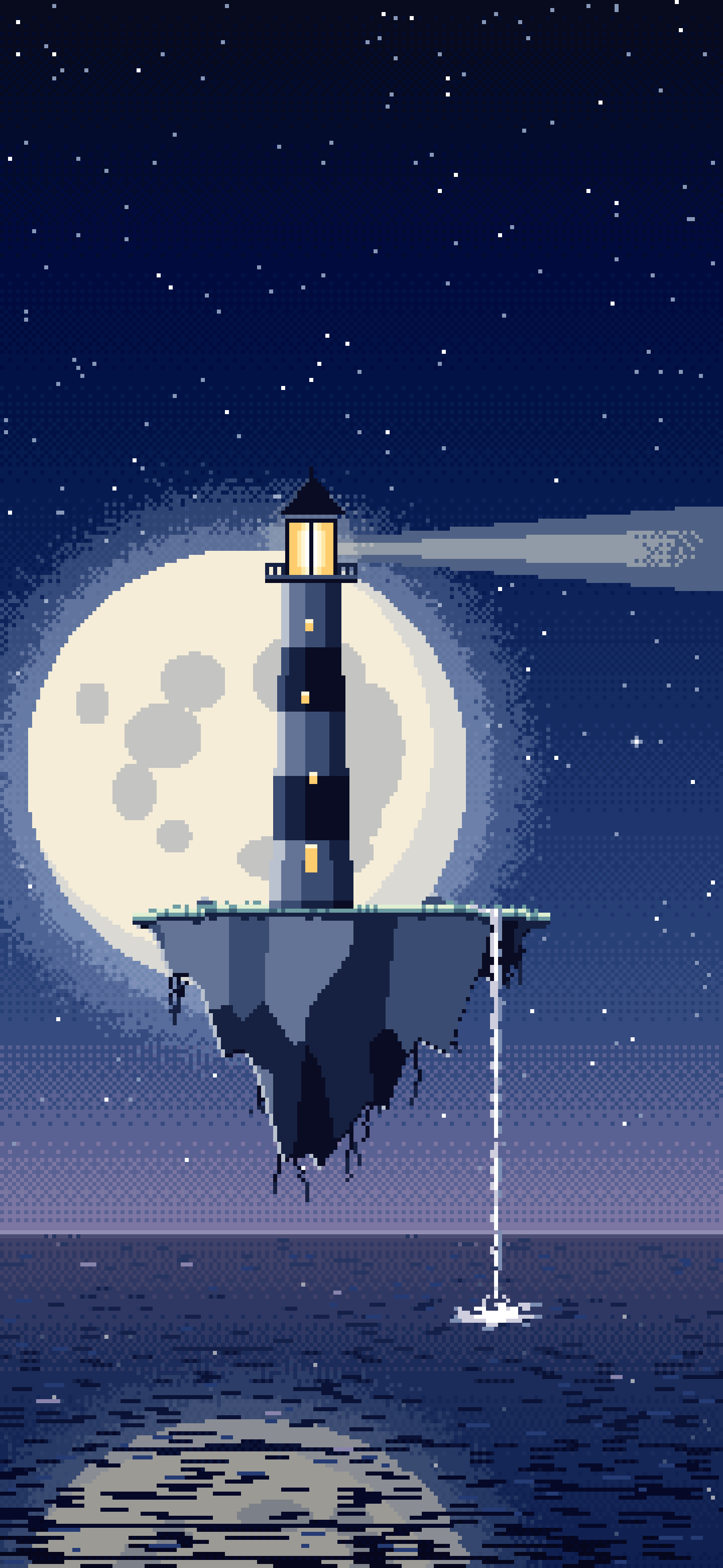Navy Pixel Art Surreal Lighthouse on a Floating Island wallpaper for iPhone and Android