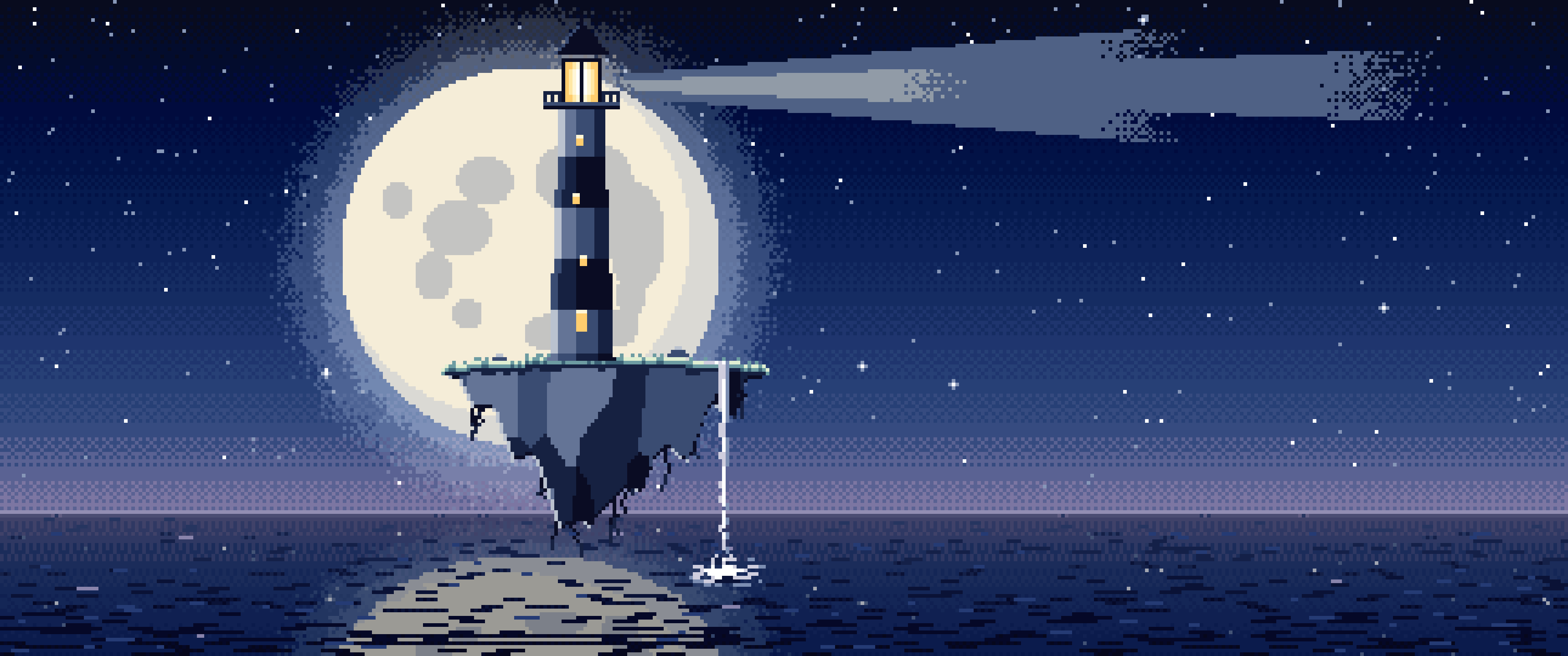 Navy Pixel Art Surreal Lighthouse on a Floating Island ultrawide wallpaper, 3440 × 1440