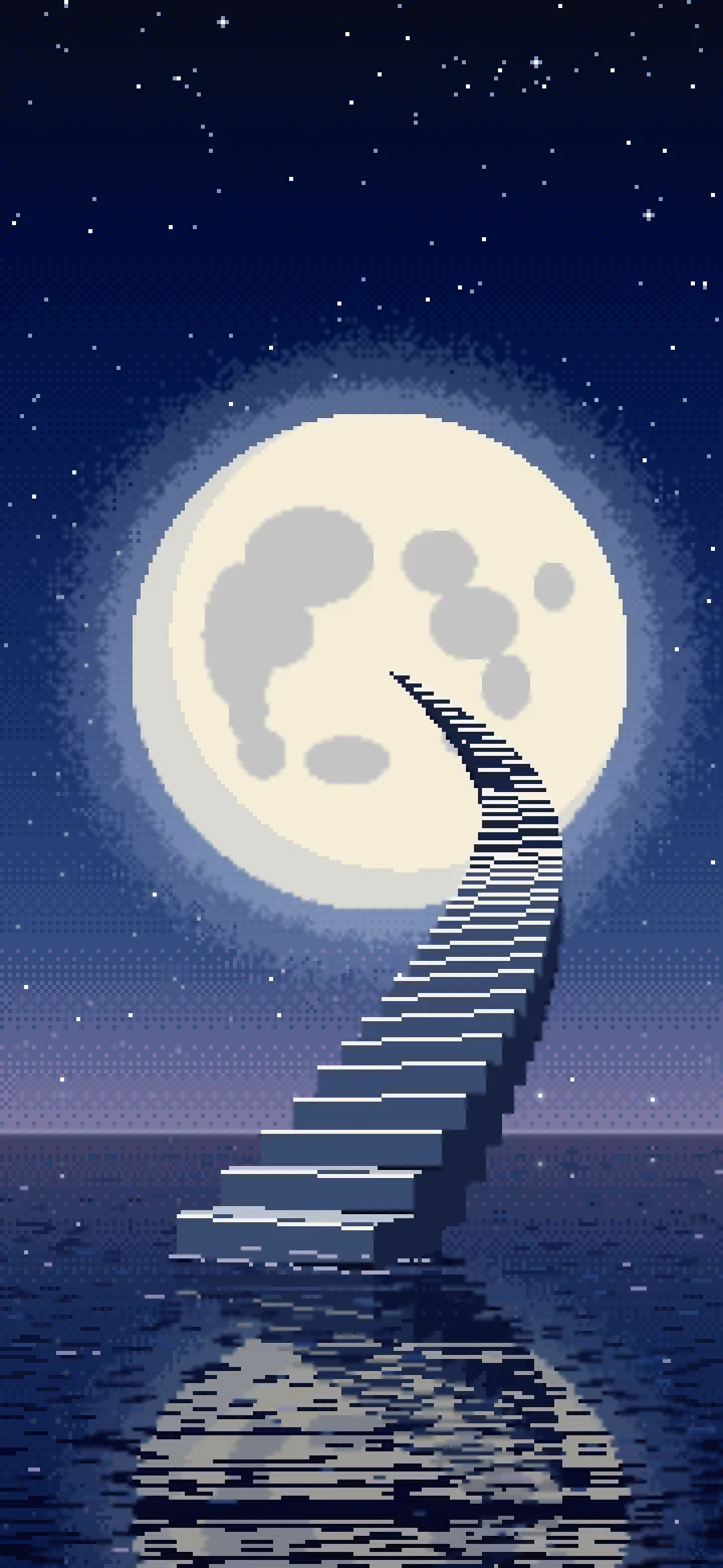Navy Pixel Art Surreal Stairway to the Moon wallpaper for iPhone and Android