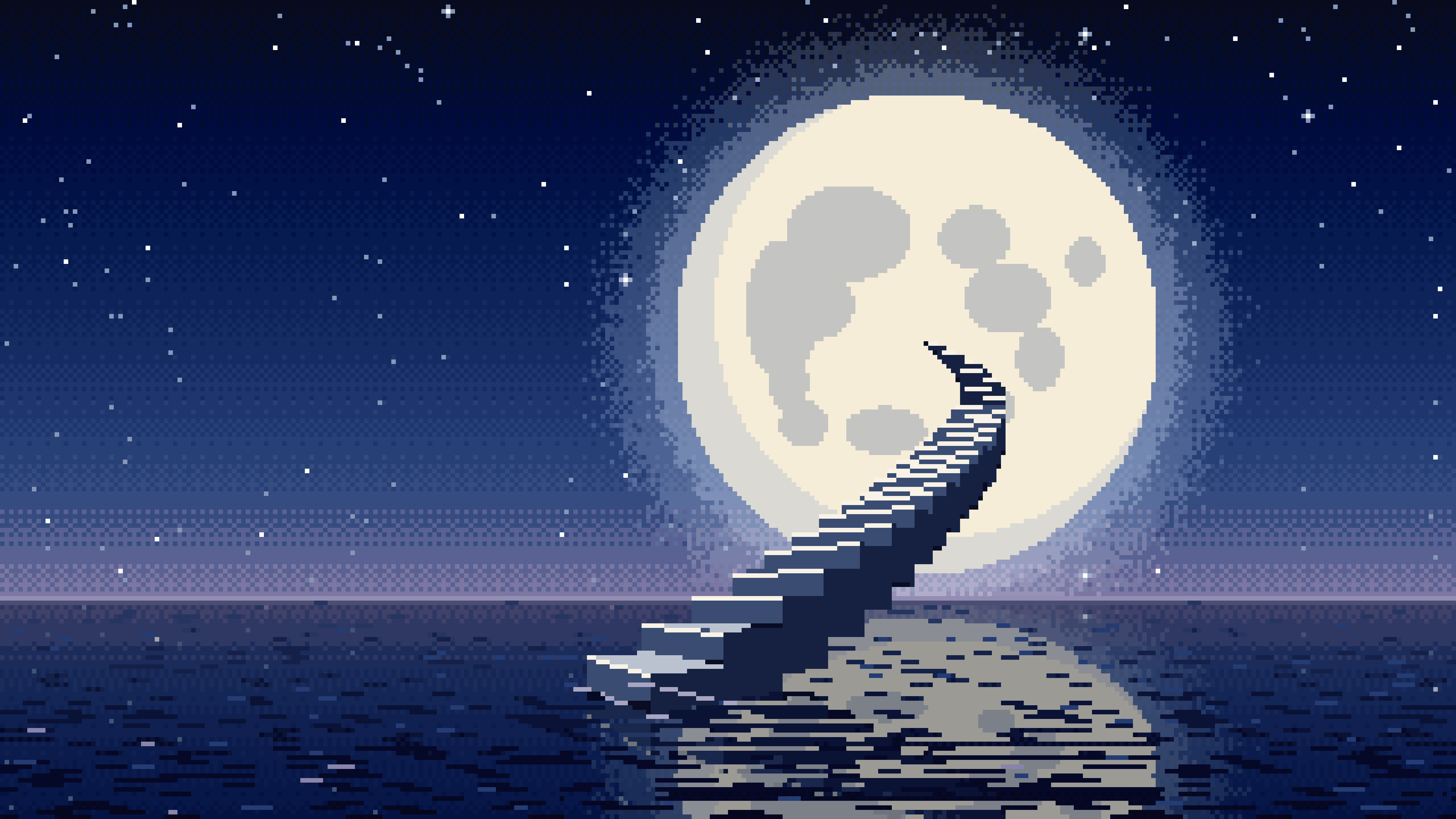 Navy Pixel Art Surreal Stairway to the Moon desktop wallpaper in 4K