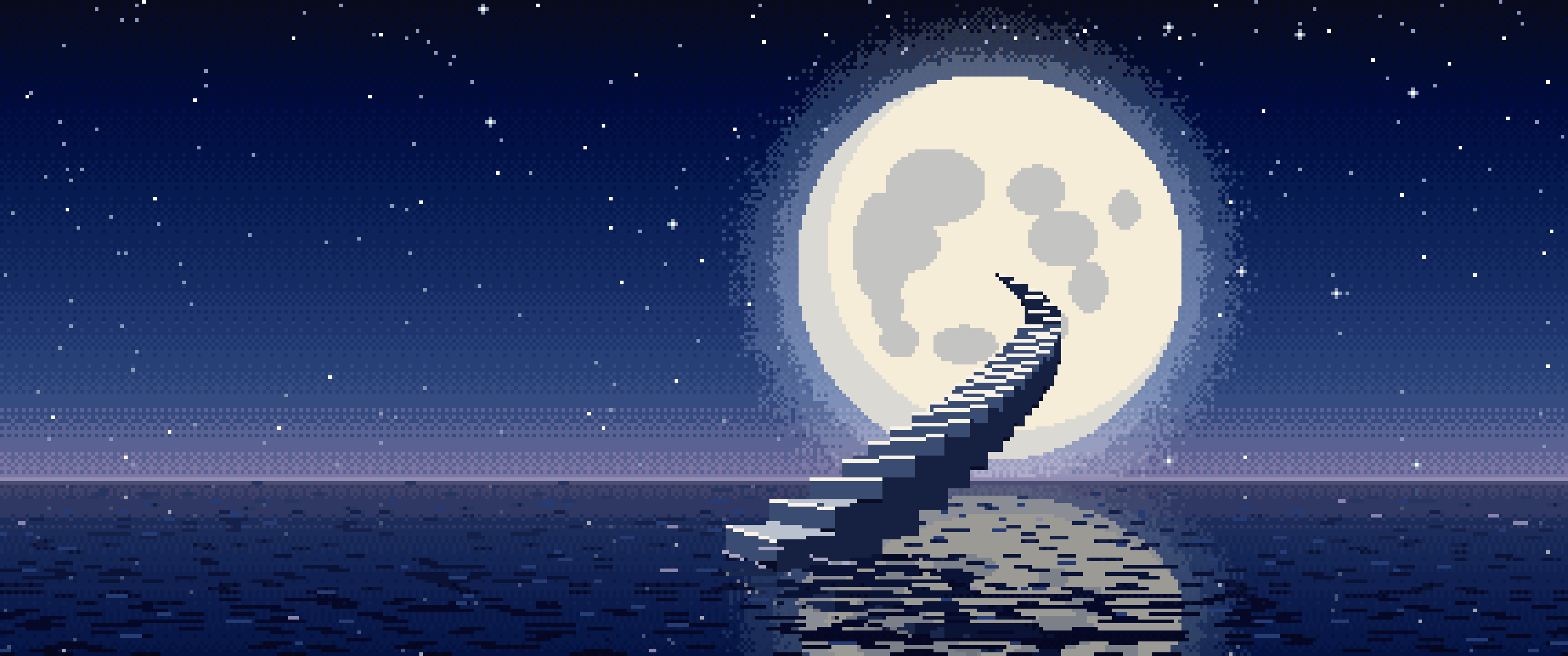 Navy Pixel Art Surreal Stairway to the Moon ultrawide wallpaper, 3440 × 1440