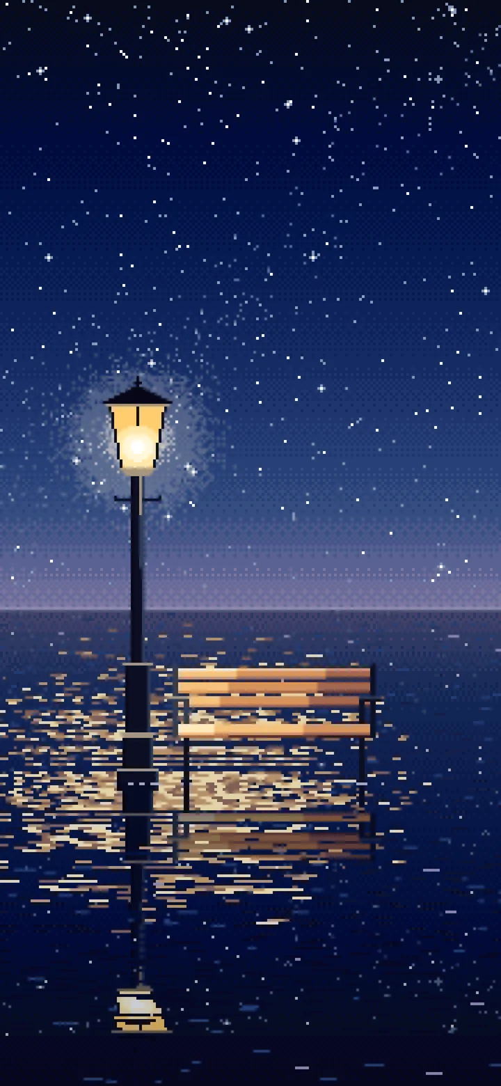 Navy Pixel Art Surreal Street Lamp and Bench on the Sea wallpaper for iPhone and Android