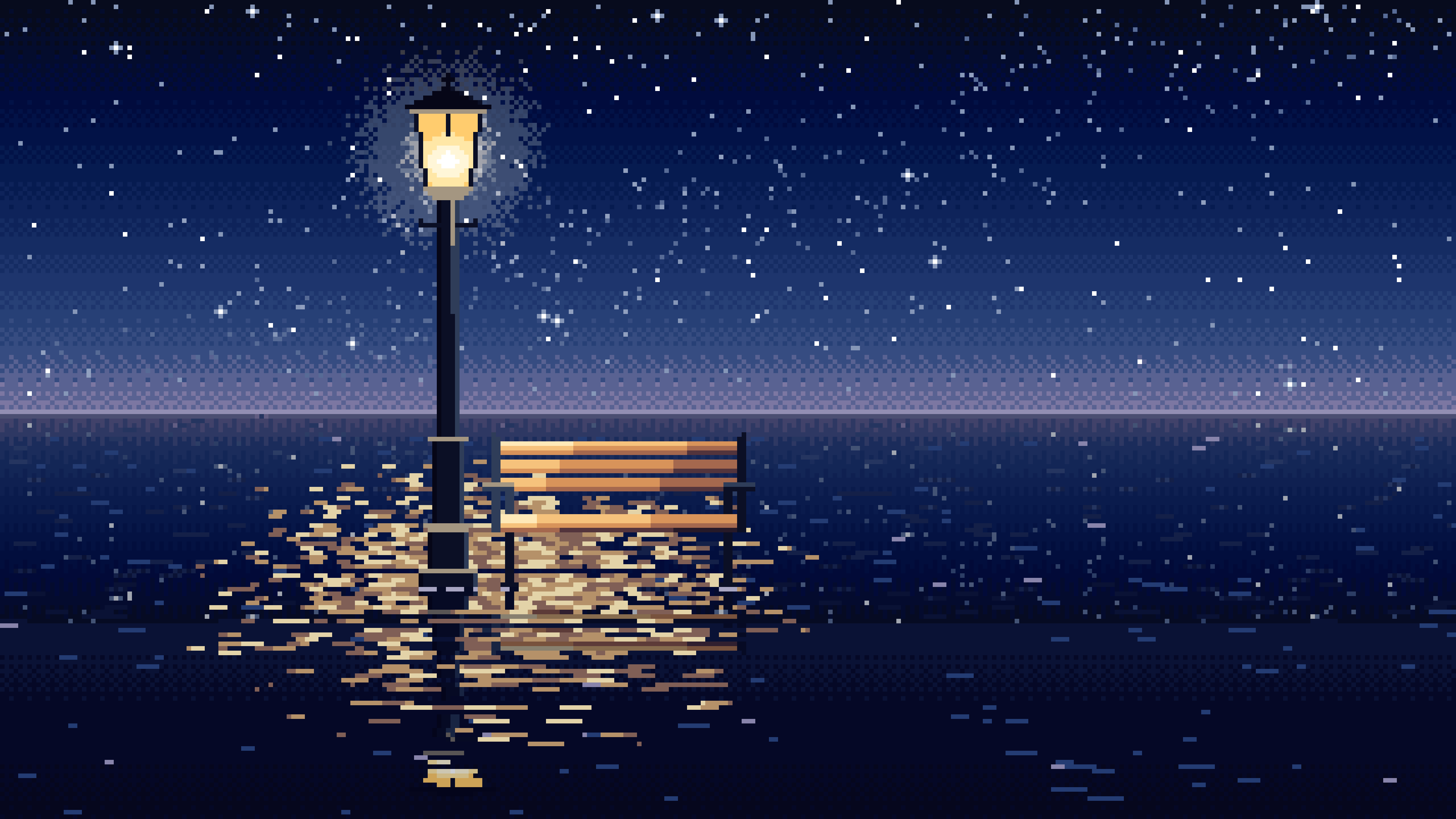 Navy Pixel Art Surreal Street Lamp and Bench on the Sea desktop wallpaper in 4K
