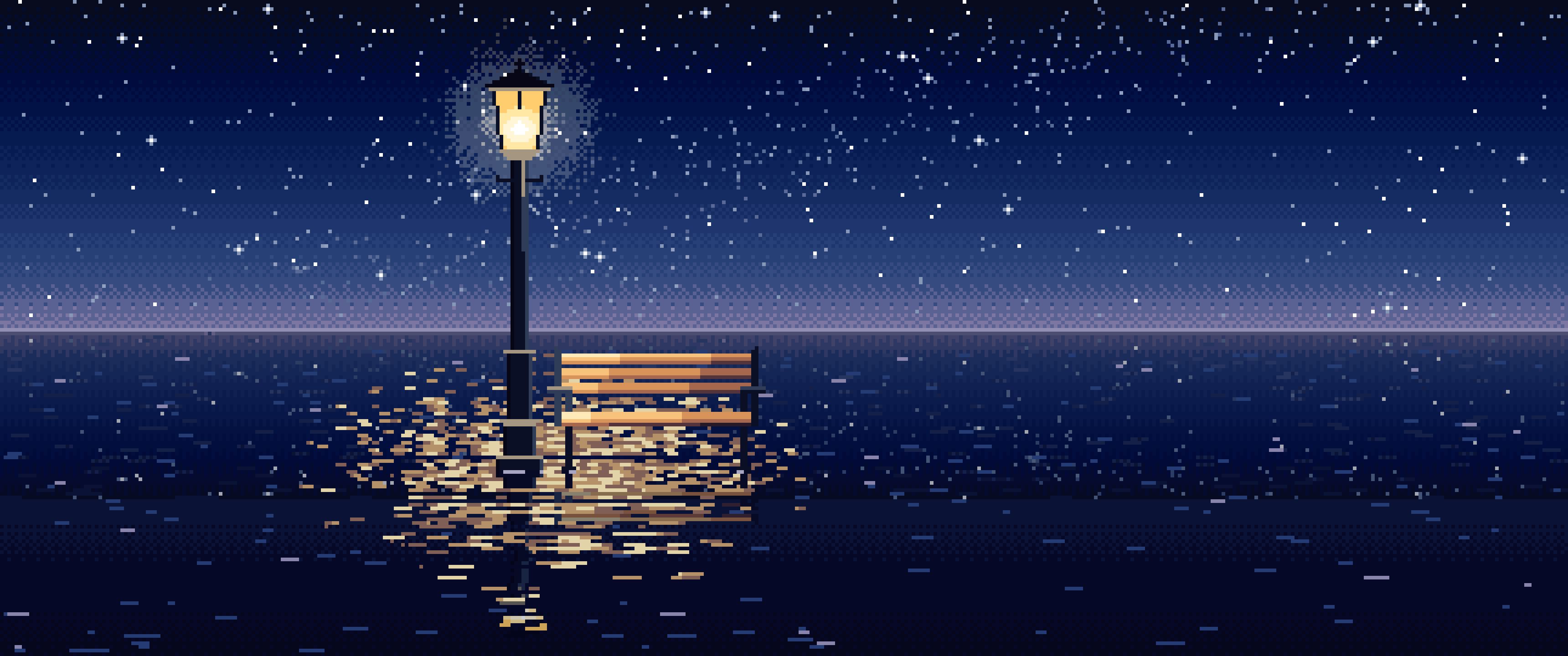Navy Pixel Art Surreal Street Lamp and Bench on the Sea ultrawide wallpaper, 3440 × 1440
