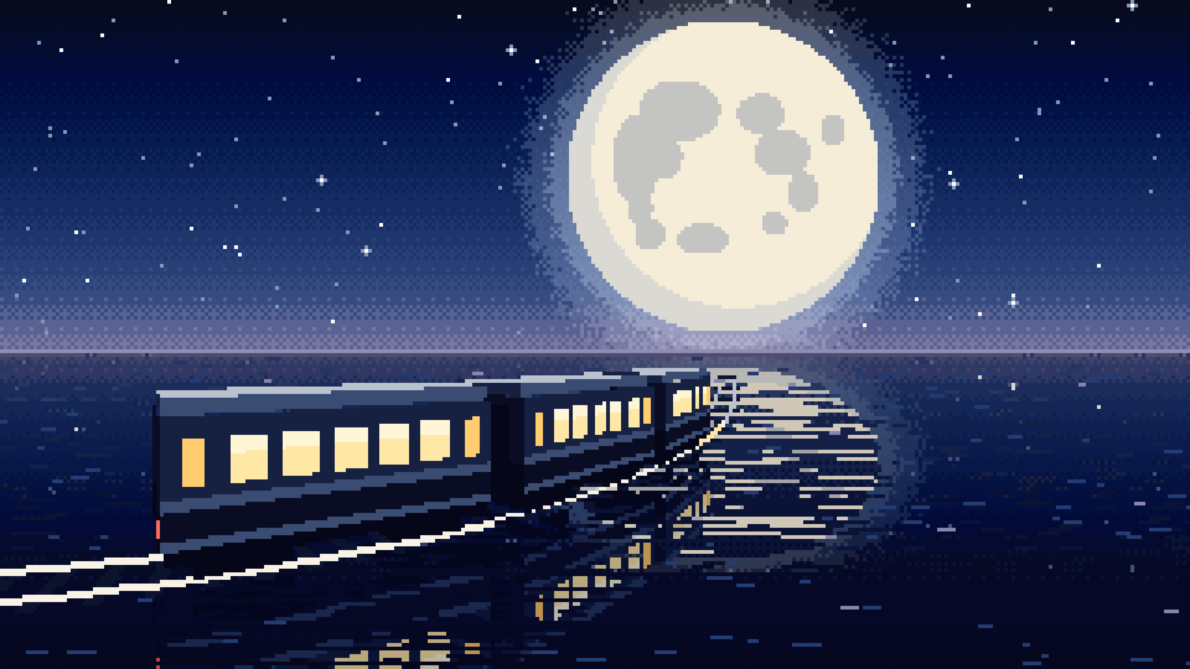 Navy Pixel Art Surreal Train Across the Sea to the Moon desktop wallpaper in 4K