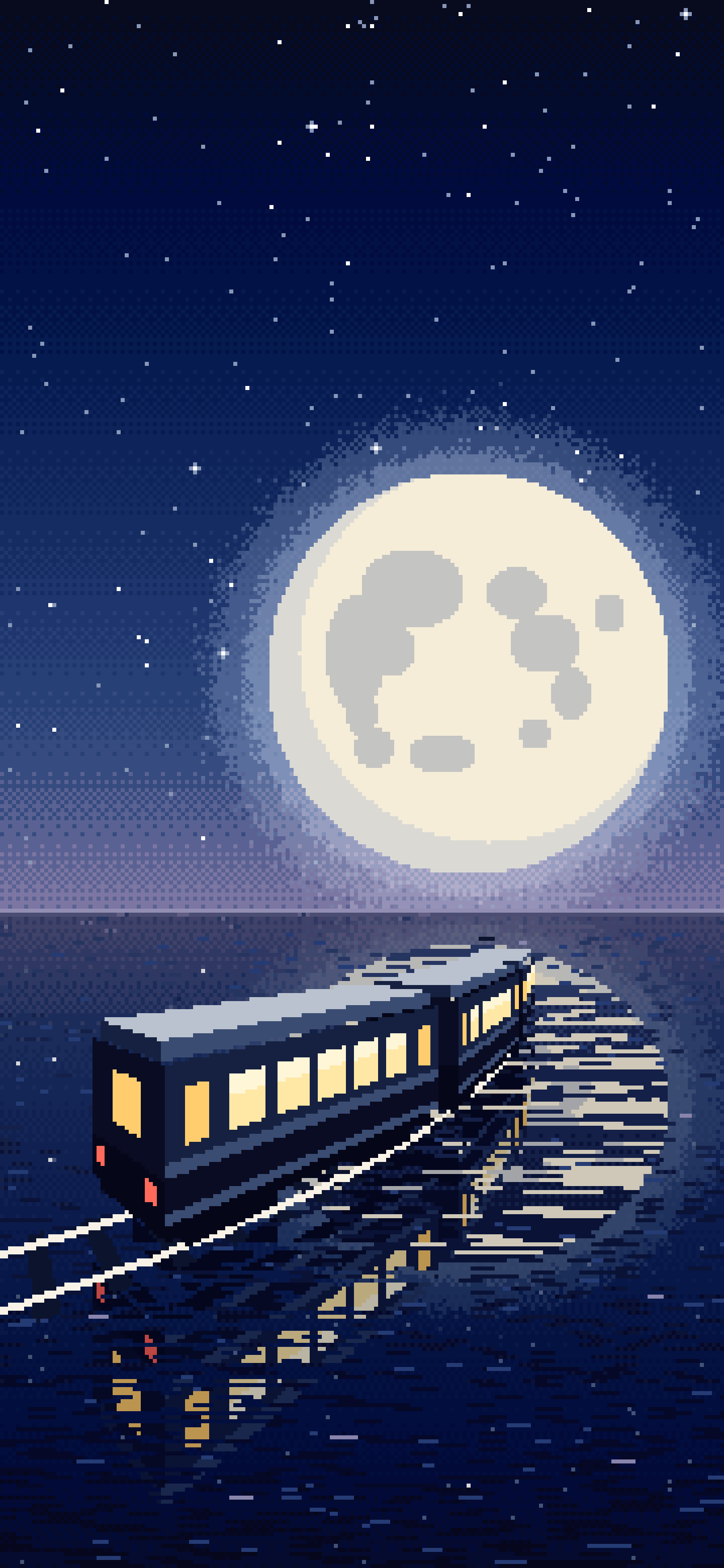 Navy Pixel Art Surreal Train Across the Sea to the Moon wallpaper for iPhone and Android
