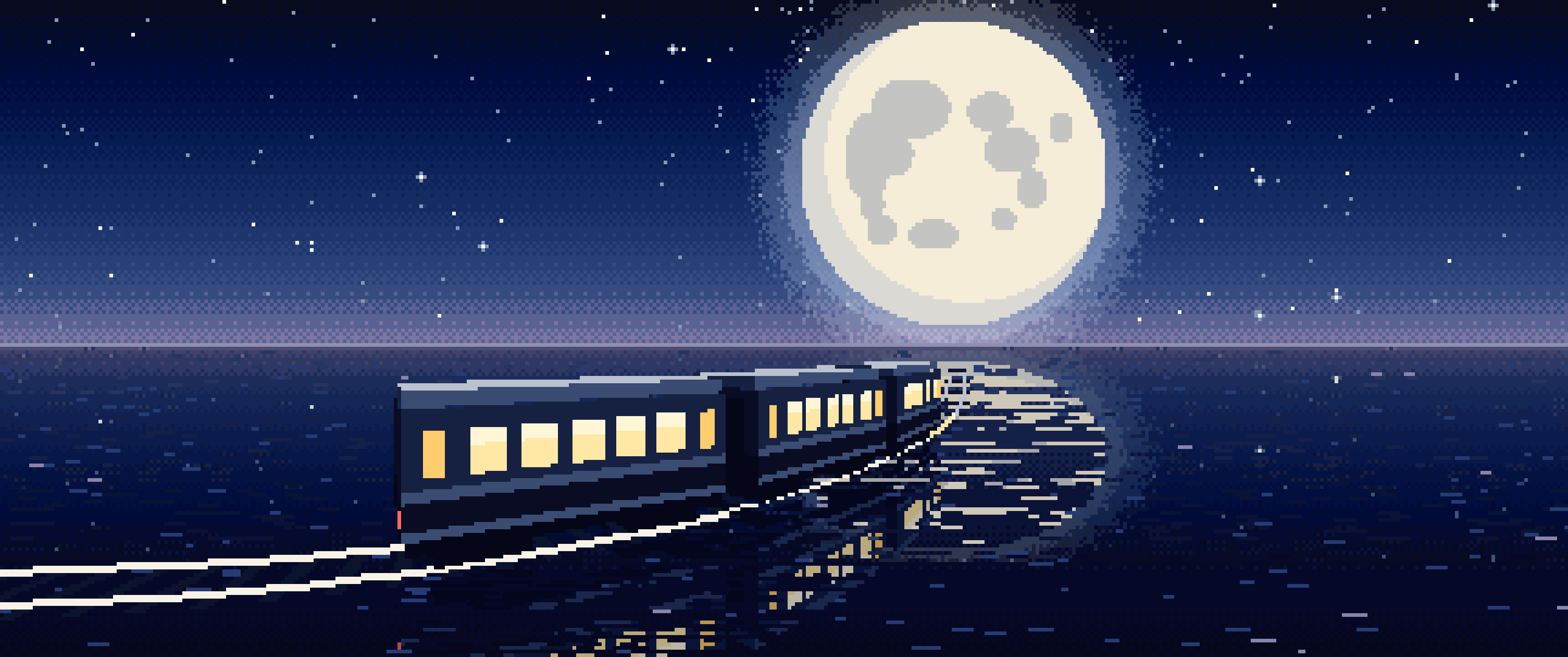 Navy Pixel Art Surreal Train Across the Sea to the Moon ultrawide wallpaper, 3440 × 1440