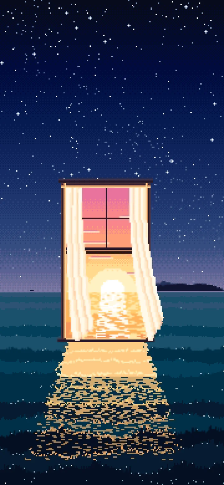 Navy Pixel Art Surreal Window in a Meadow at Night wallpaper for iPhone and Android