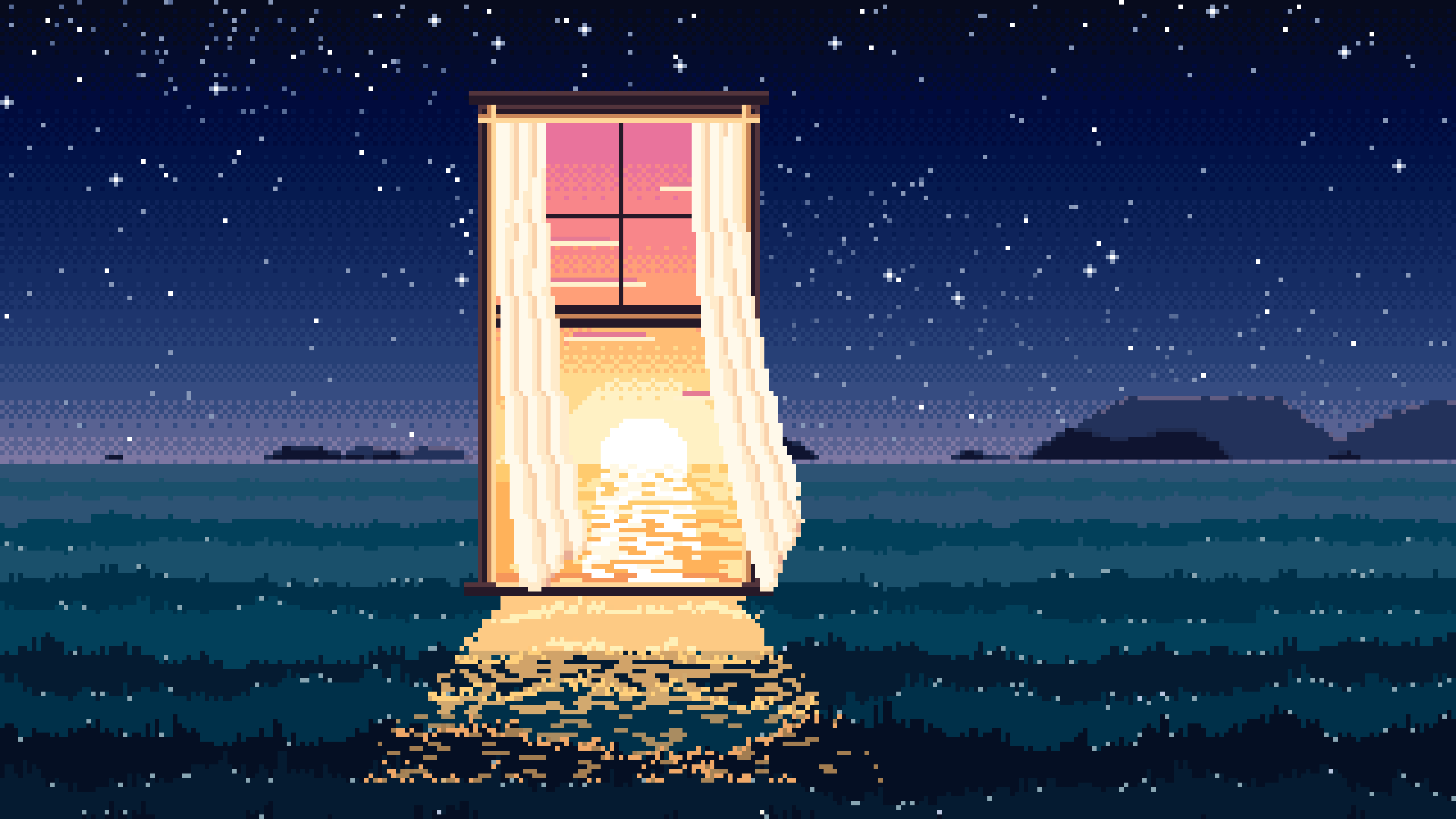 Navy Pixel Art Surreal Window in a Meadow at Night desktop wallpaper in 4K