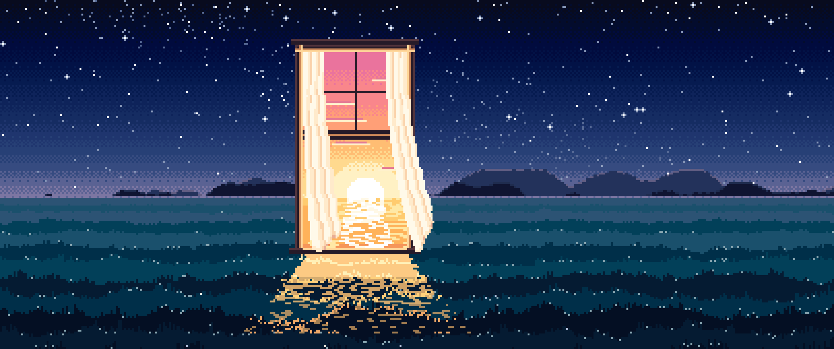 Navy Pixel Art Surreal Window in a Meadow at Night ultrawide wallpaper, 3440 × 1440