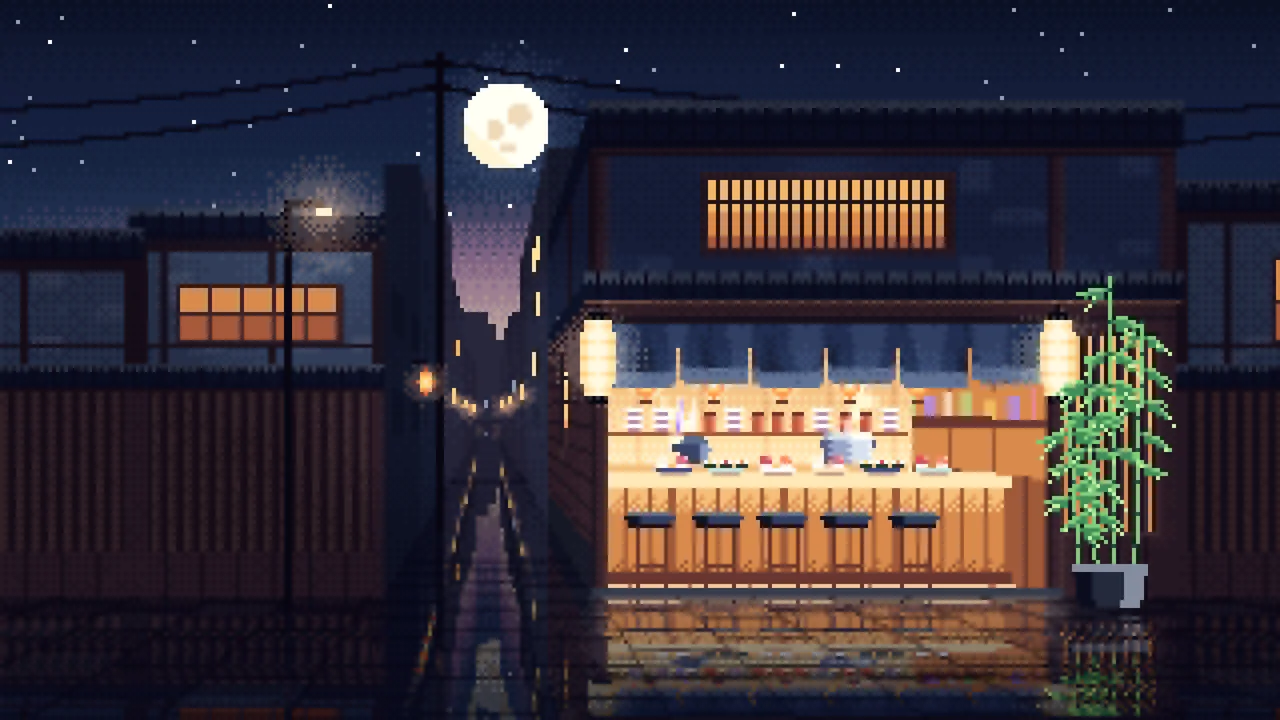 Navy Pixel Art Sushi Bar desktop wallpaper in 4K