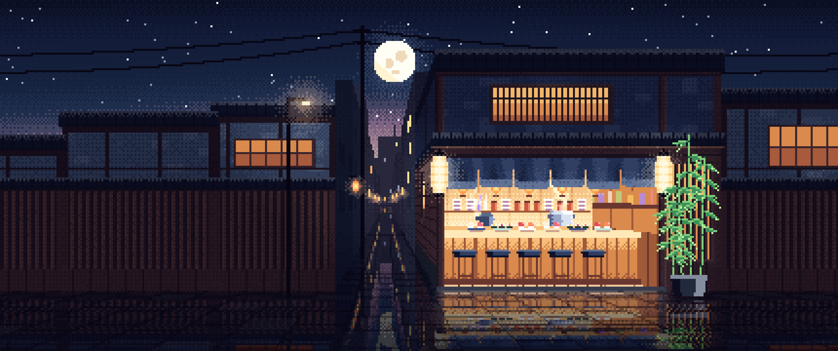 Navy Pixel Art Sushi Bar ultrawide wallpaper, 3440 × 1440