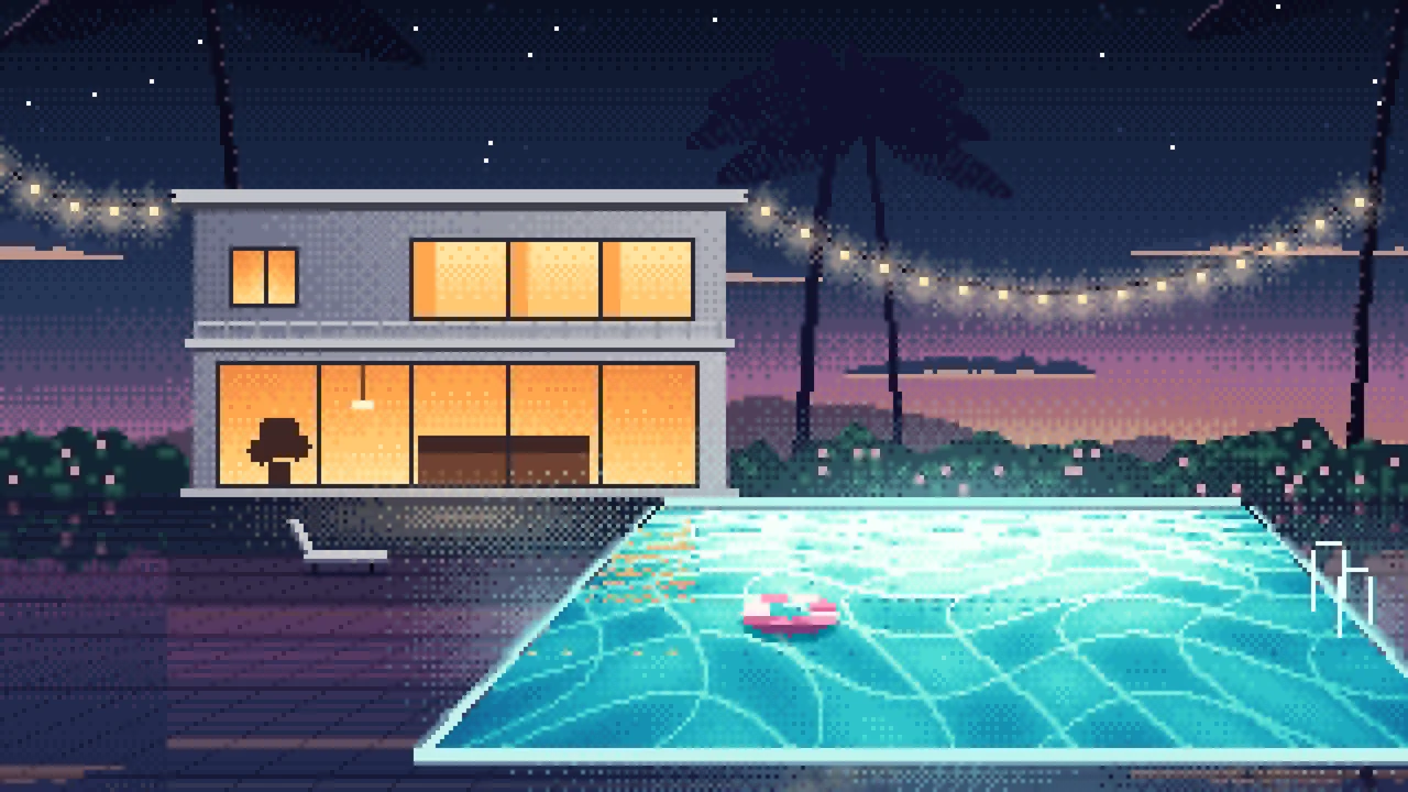 Navy Pixel Art Swimming Pool at Dusk desktop wallpaper in 4K
