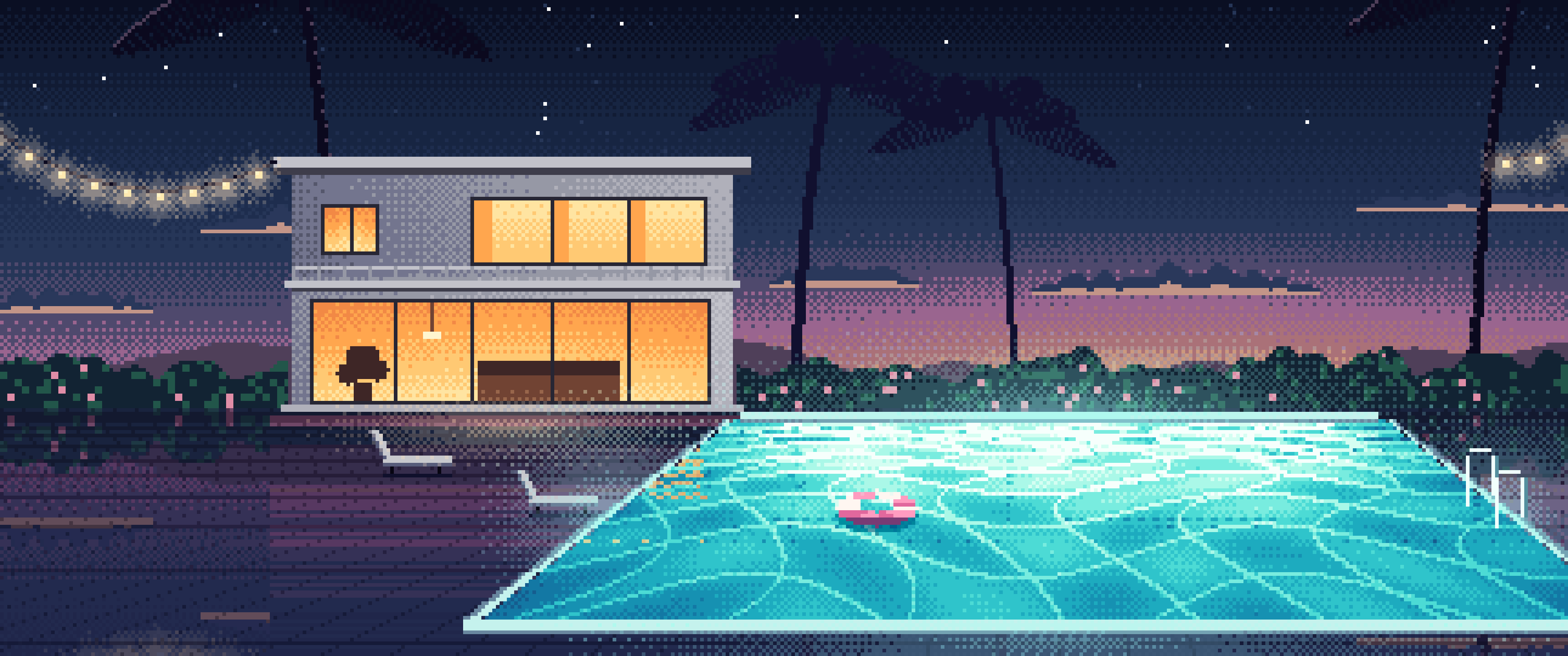 Navy Pixel Art Swimming Pool at Dusk ultrawide wallpaper, 3440 × 1440