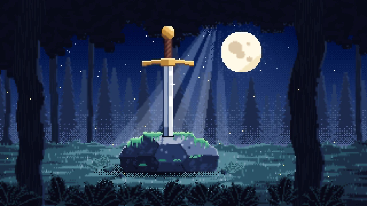 Navy Pixel Art Sword in a Forest Clearing at Night desktop wallpaper in 4K