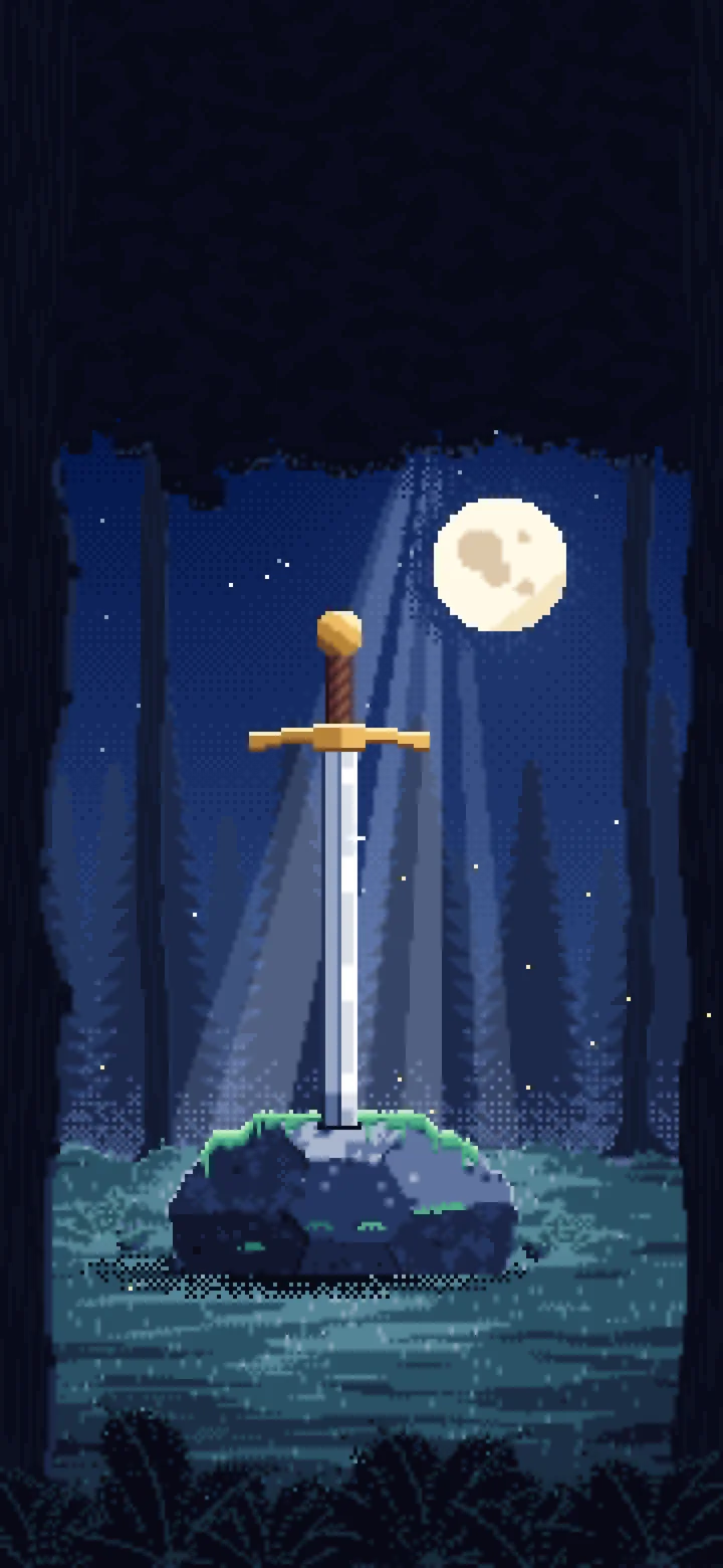 Navy Pixel Art Sword in a Forest Clearing at Night wallpaper for iPhone and Android