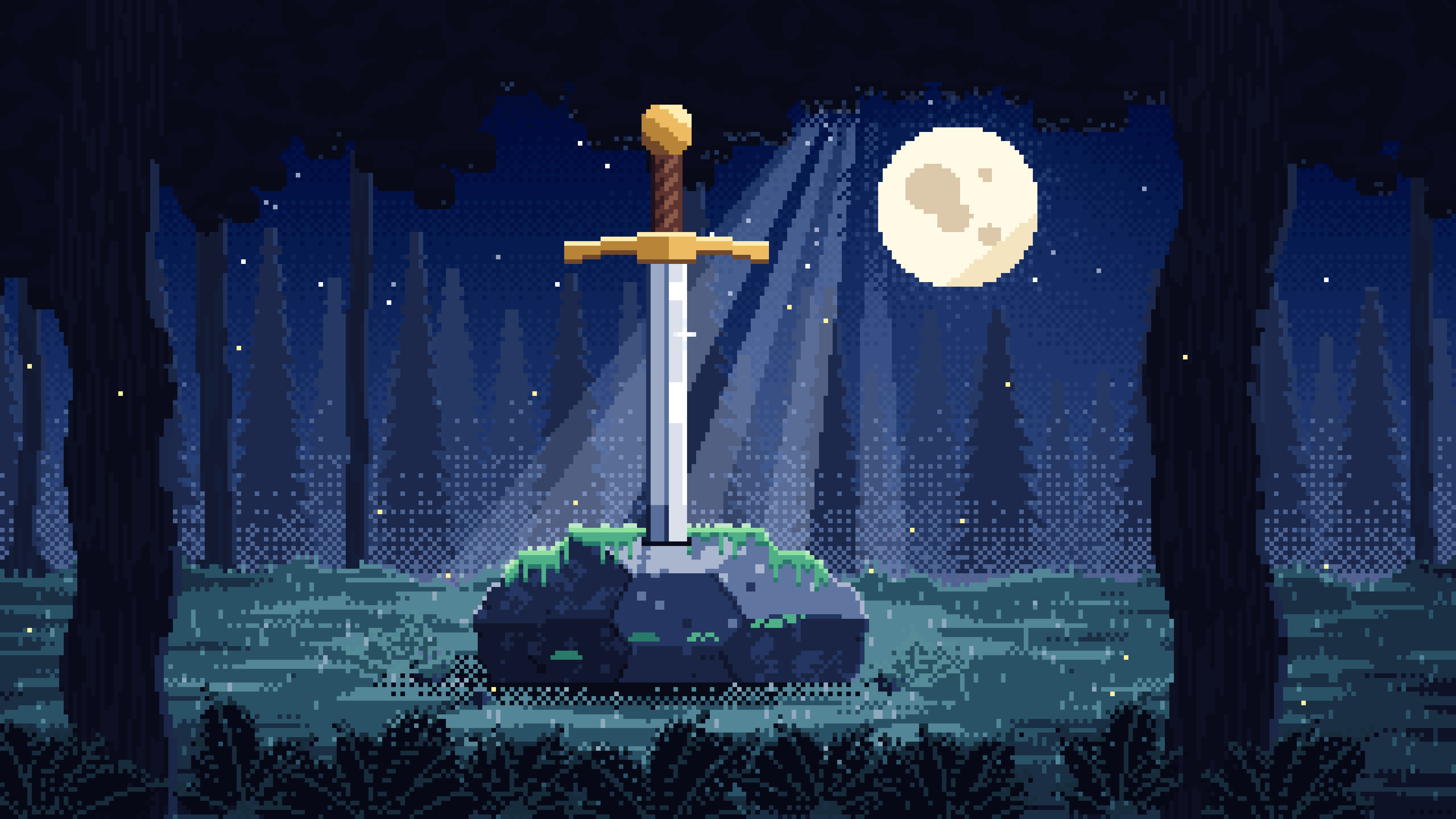 Navy Pixel Art Sword in a Forest Clearing at Night desktop wallpaper in 4K