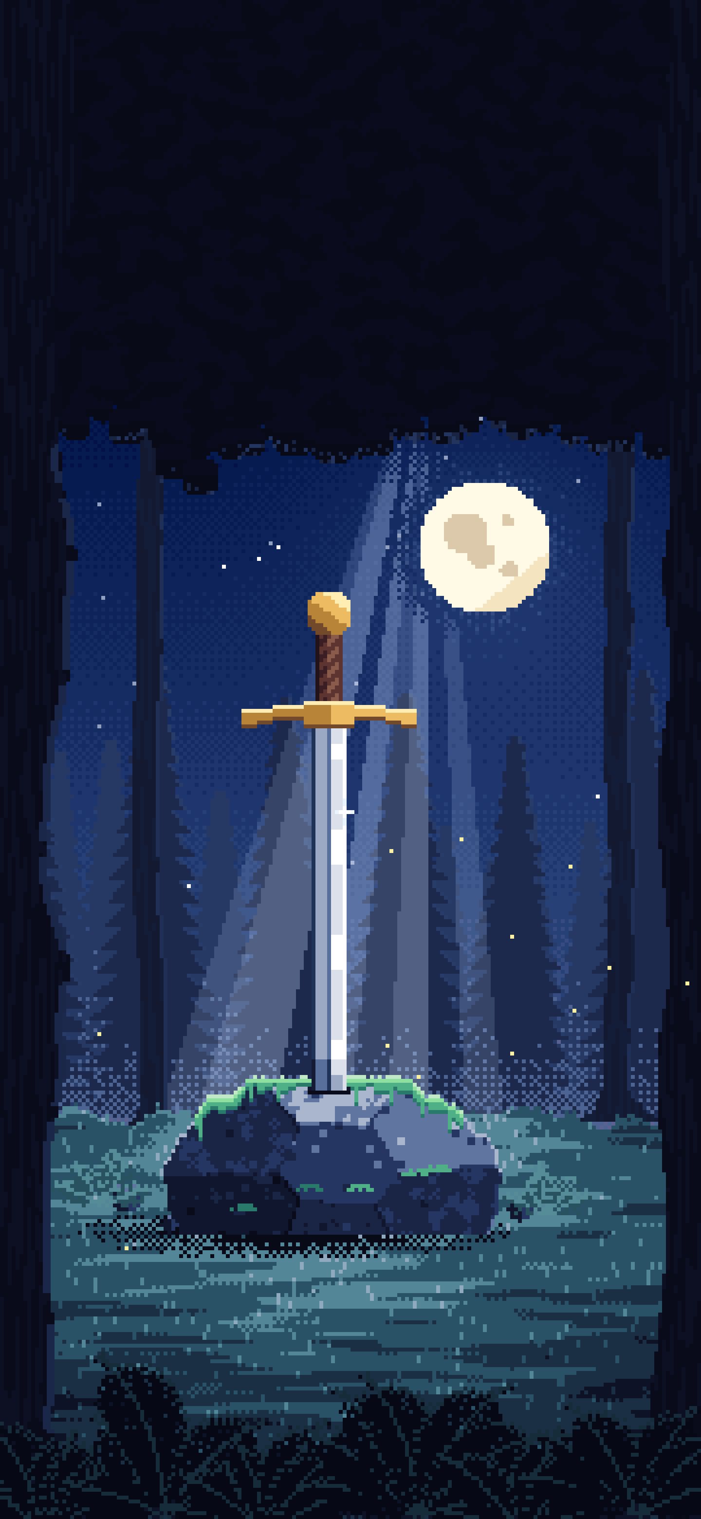 Navy Pixel Art Sword in a Forest Clearing at Night wallpaper for iPhone and Android