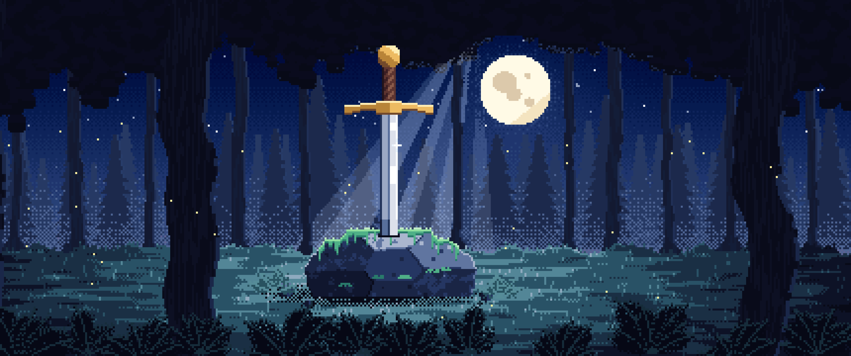 Navy Pixel Art Sword in a Forest Clearing at Night ultrawide wallpaper, 3440 × 1440