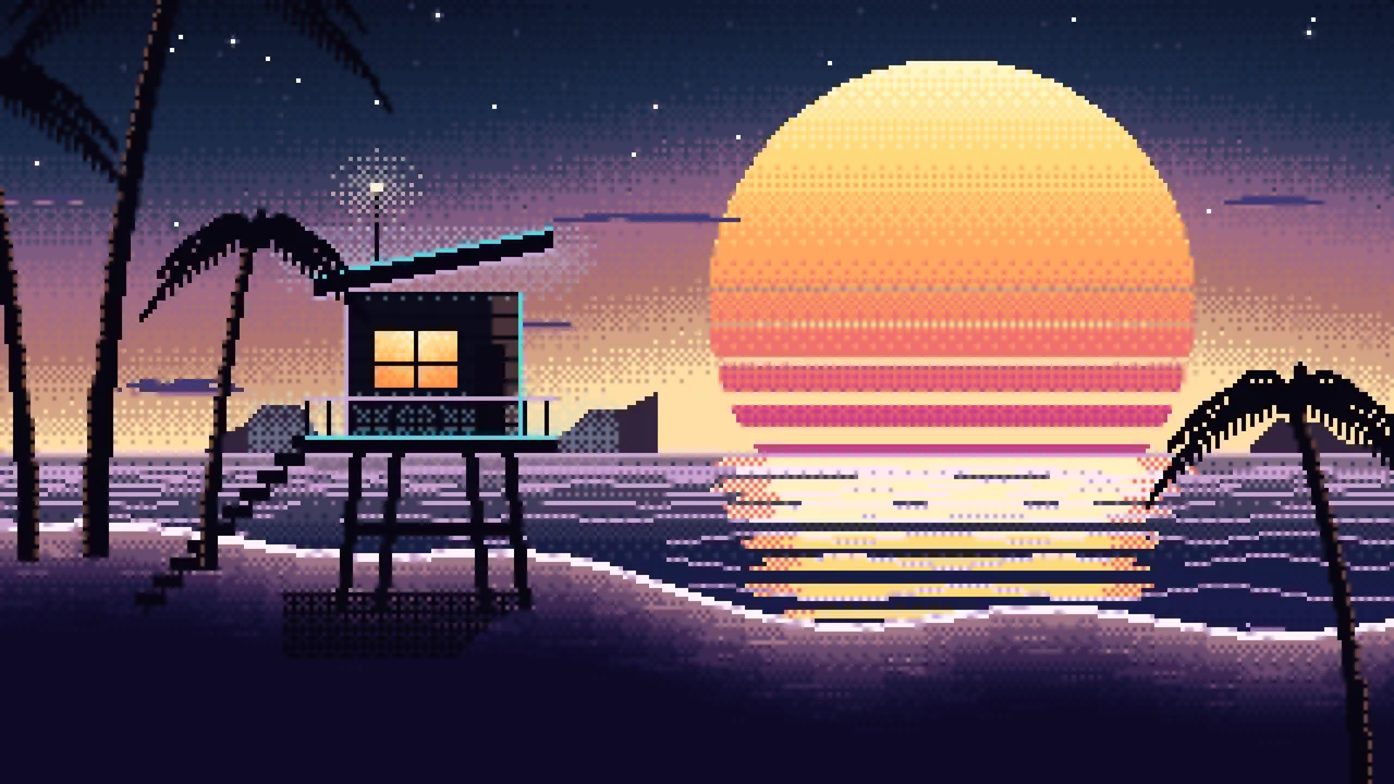 Navy Pixel Art Synthwave Beach desktop wallpaper in 4K