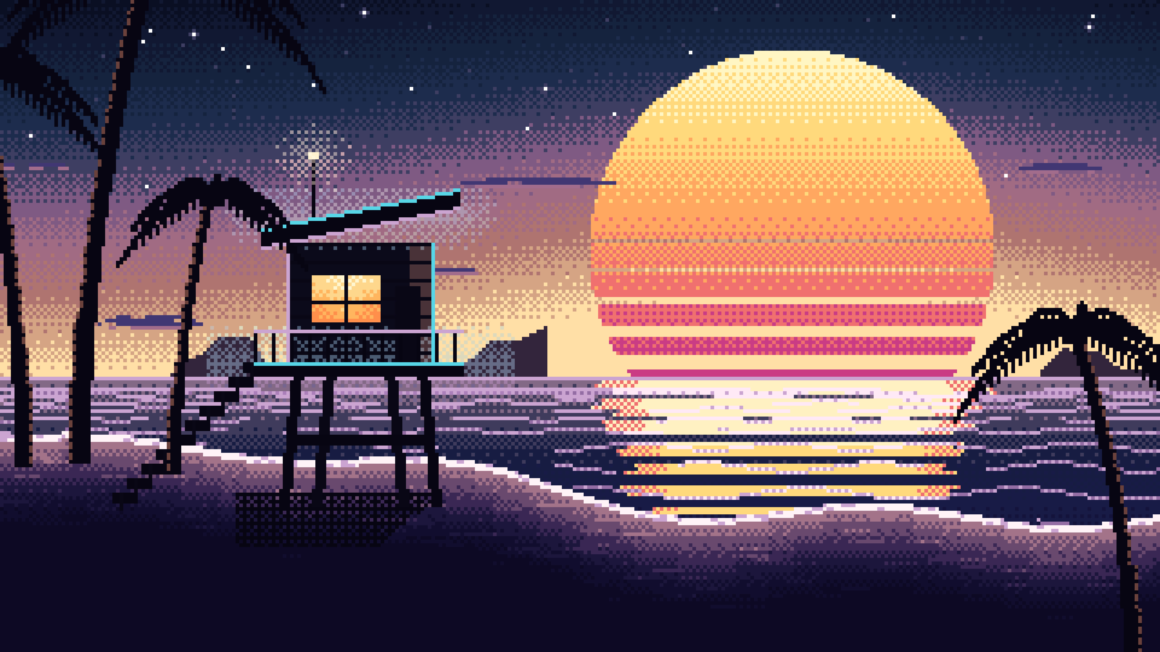 Navy Pixel Art Synthwave Beach desktop wallpaper in 4K