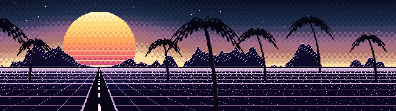 Navy Pixel Art Synthwave dual monitor wallpaper, 7680 × 2160