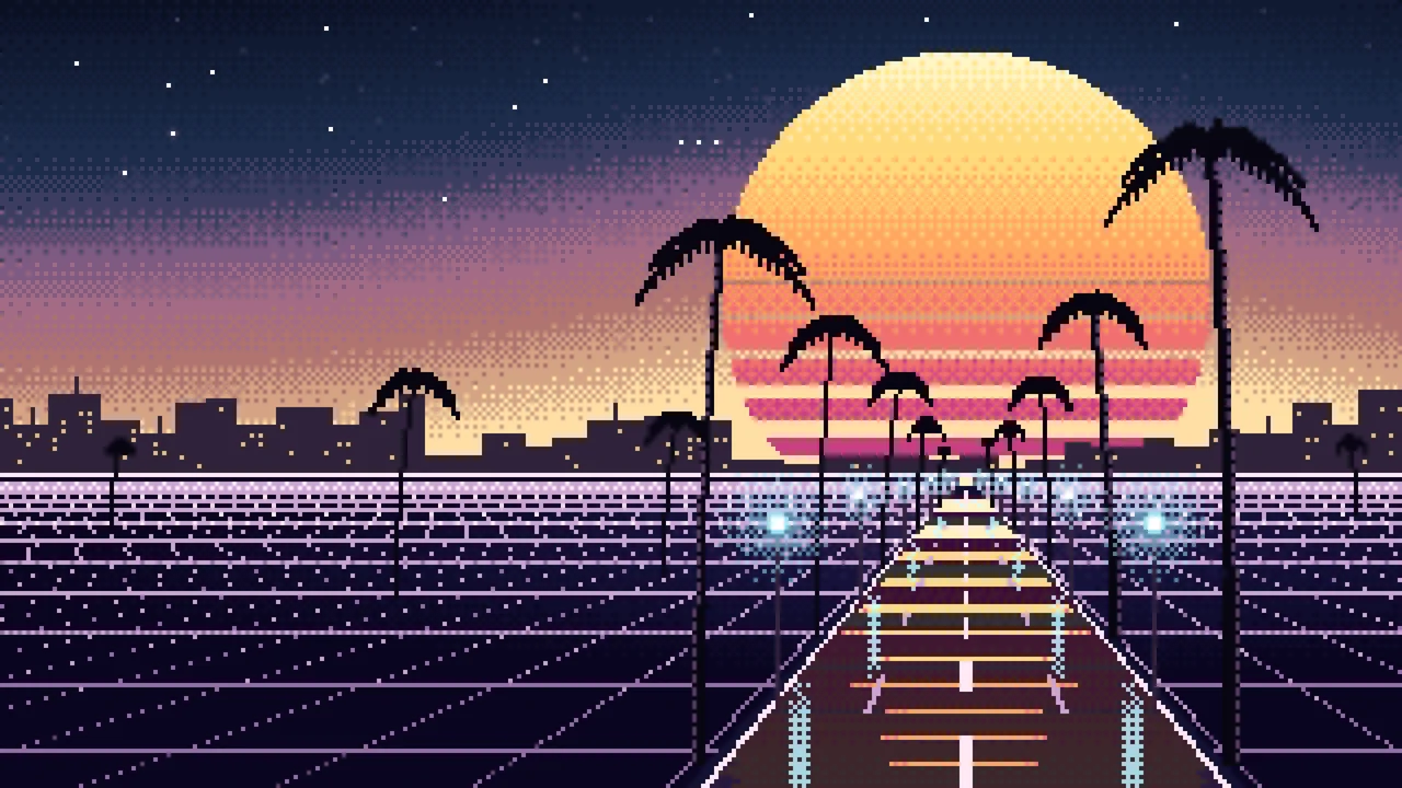 Navy Pixel Art Synthwave Palm Boulevard desktop wallpaper in 4K