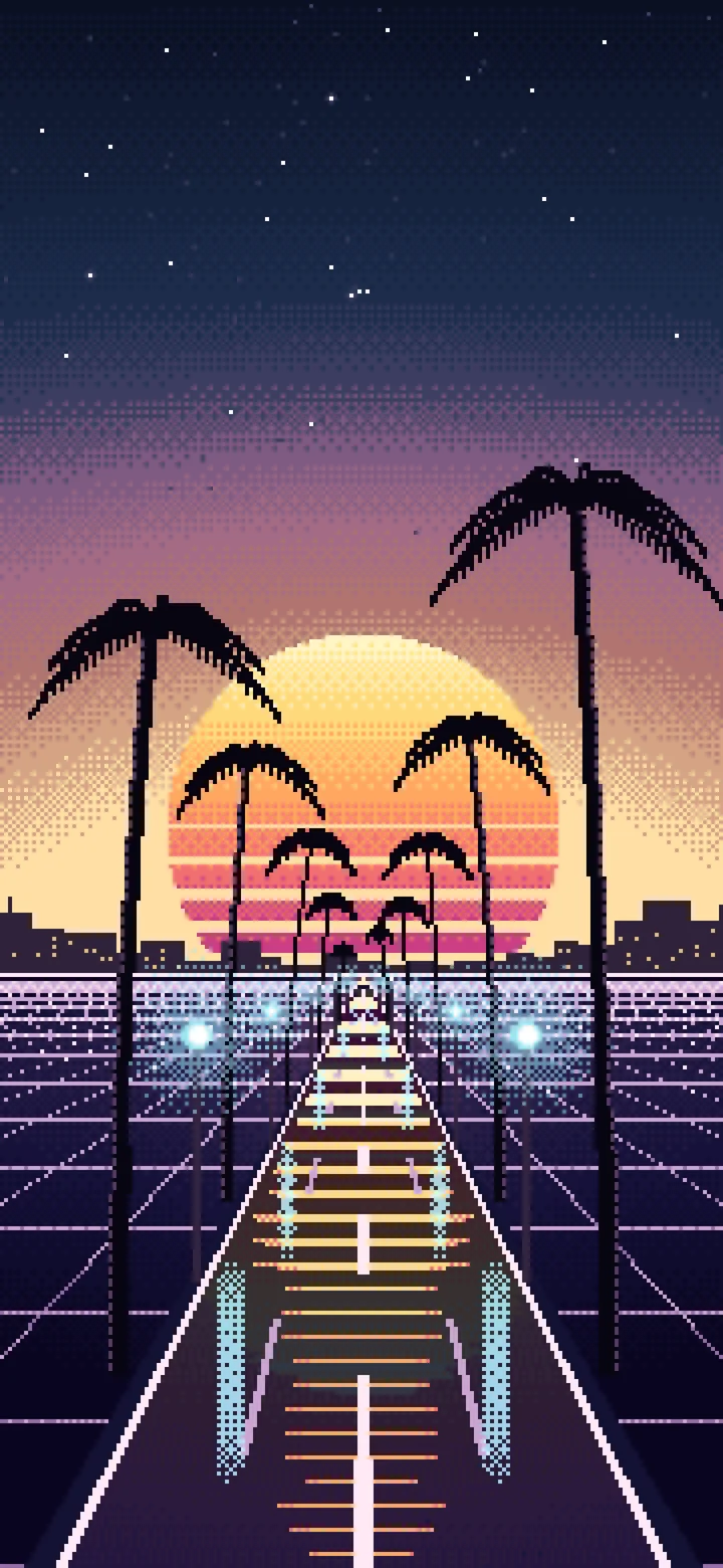 Navy Pixel Art Synthwave Palm Boulevard wallpaper for iPhone and Android