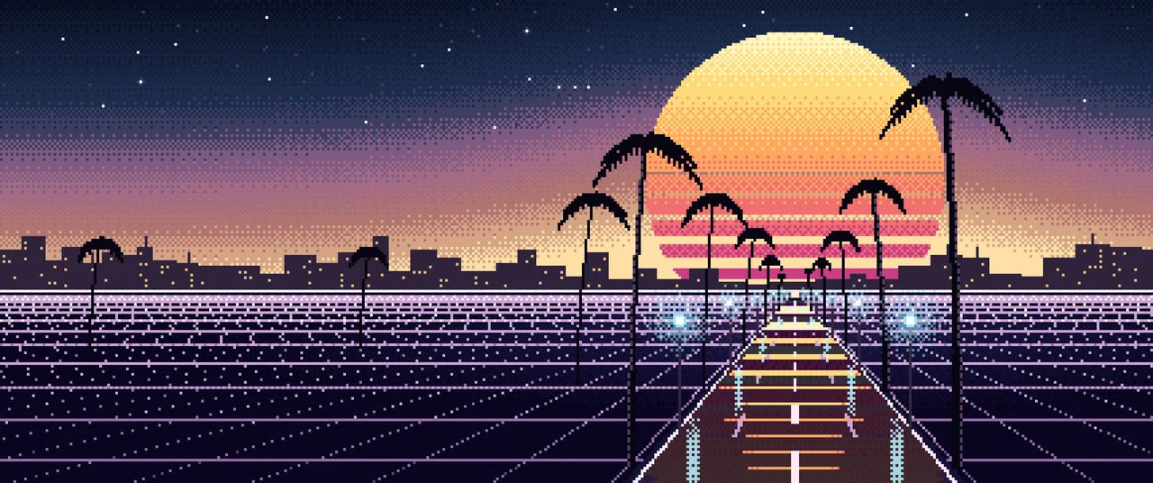 Navy Pixel Art Synthwave Palm Boulevard ultrawide wallpaper, 3440 × 1440