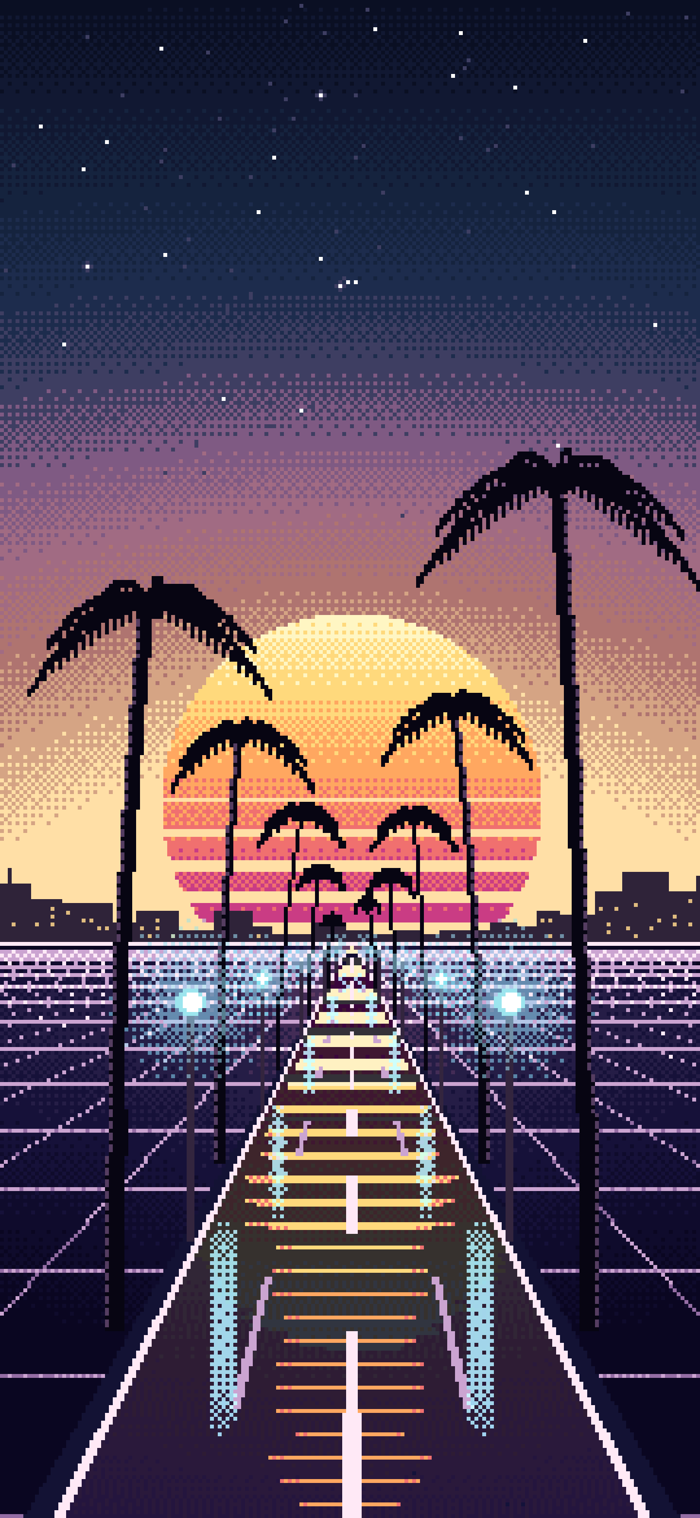 Navy Pixel Art Synthwave Palm Boulevard wallpaper for iPhone and Android