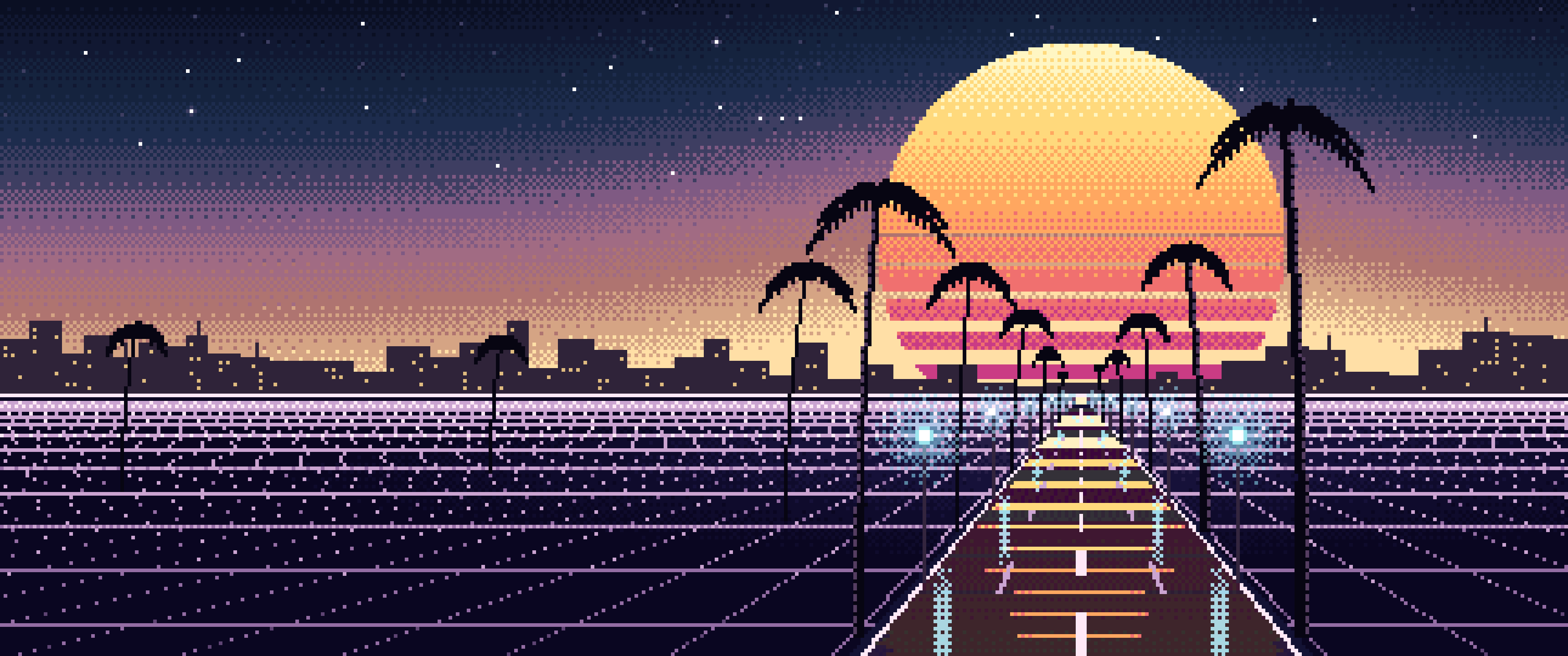 Navy Pixel Art Synthwave Palm Boulevard ultrawide wallpaper, 3440 × 1440