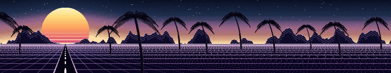 Navy Pixel Art Synthwave triple monitor wallpaper, 7680 × 1440