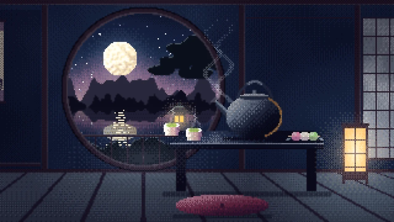 Navy Pixel Art Tea House and Moon Window desktop wallpaper in 4K
