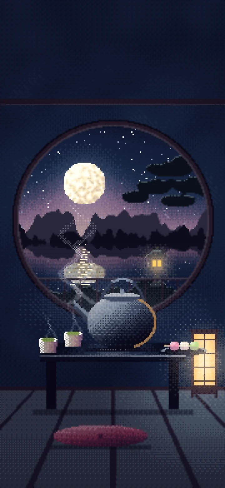Navy Pixel Art Tea House and Moon Window wallpaper for iPhone and Android