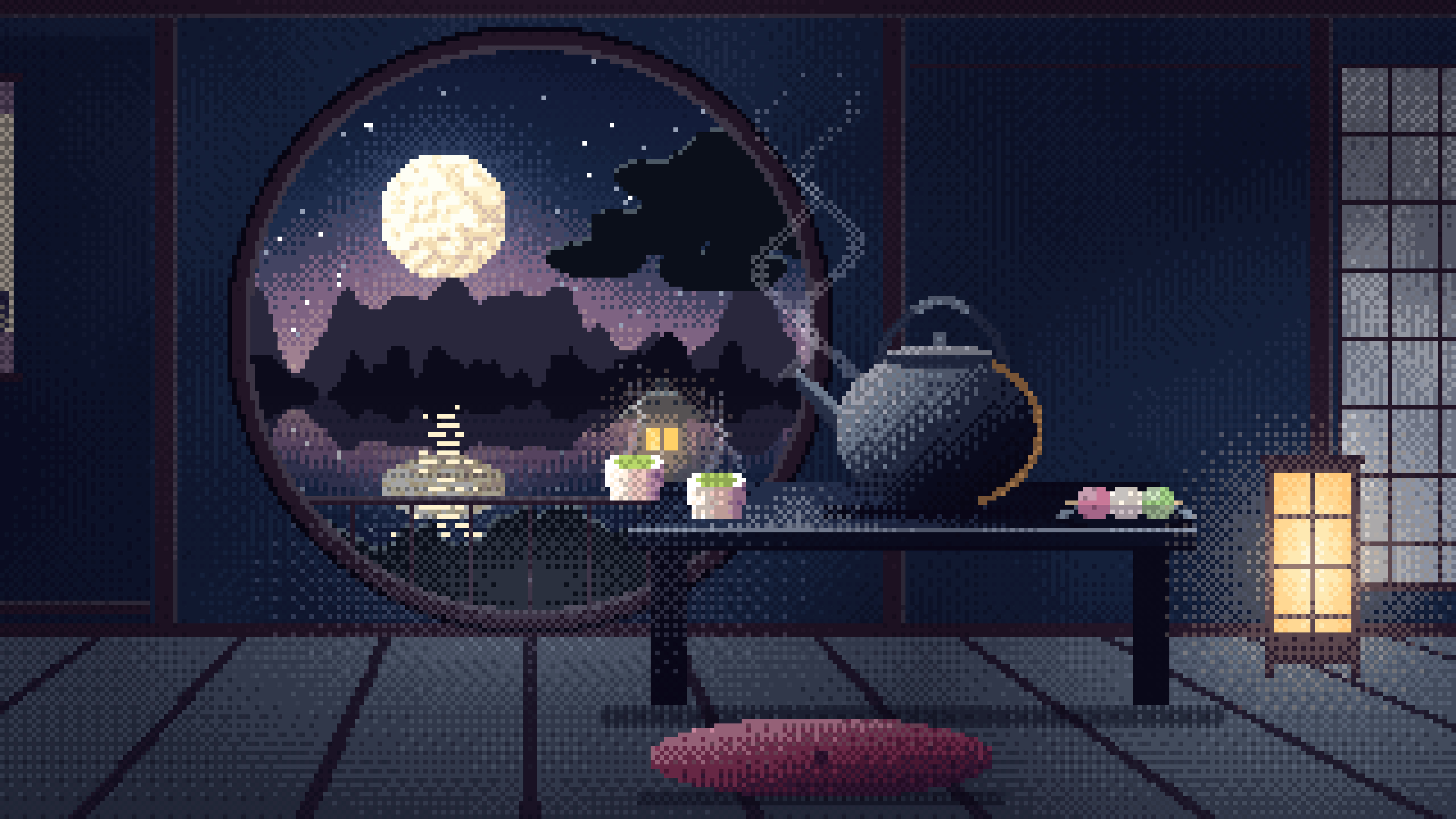 Navy Pixel Art Tea House and Moon Window desktop wallpaper in 4K