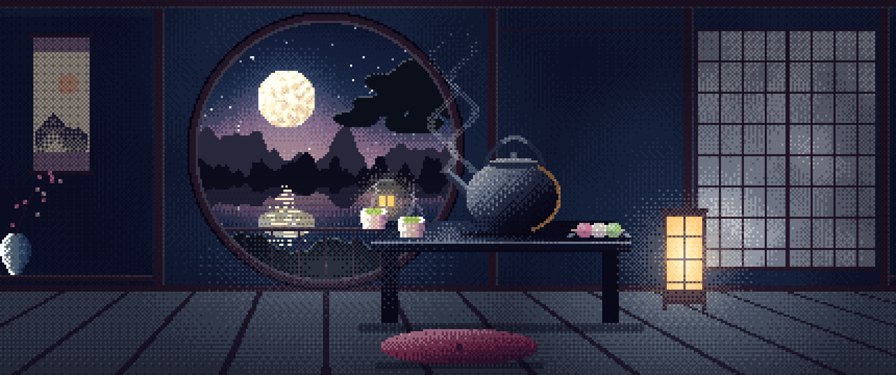 Navy Pixel Art Tea House and Moon Window ultrawide wallpaper, 3440 × 1440