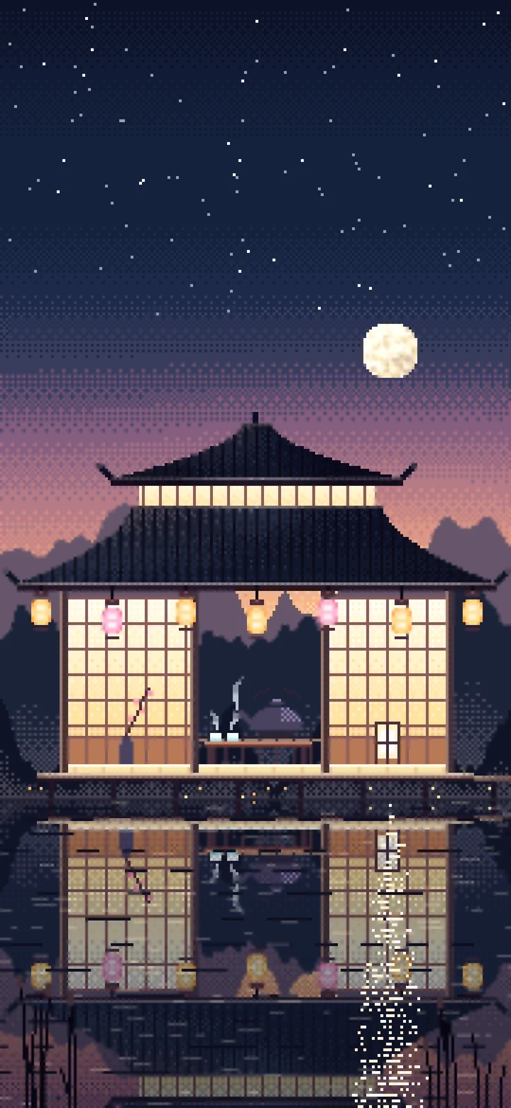 Navy Pixel Art Tea House by a Lake wallpaper for iPhone and Android